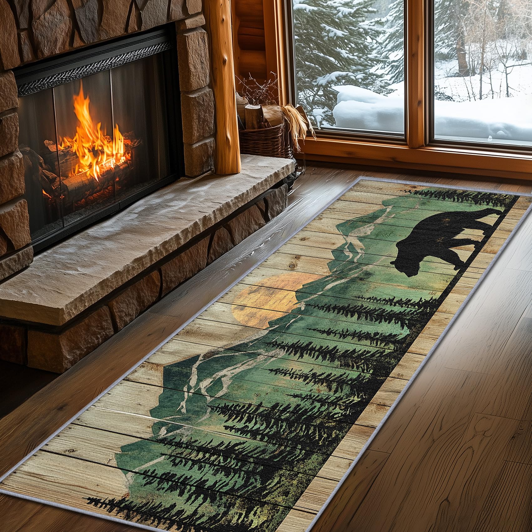 Yoozitrees Bear Rug Runner 2 X 8, Bear Runner Rug, 3x8ft, Rustic Nature Landscape Wood Lodge Hallway Runner, Farmhouse Cabin Country Stain Resistant