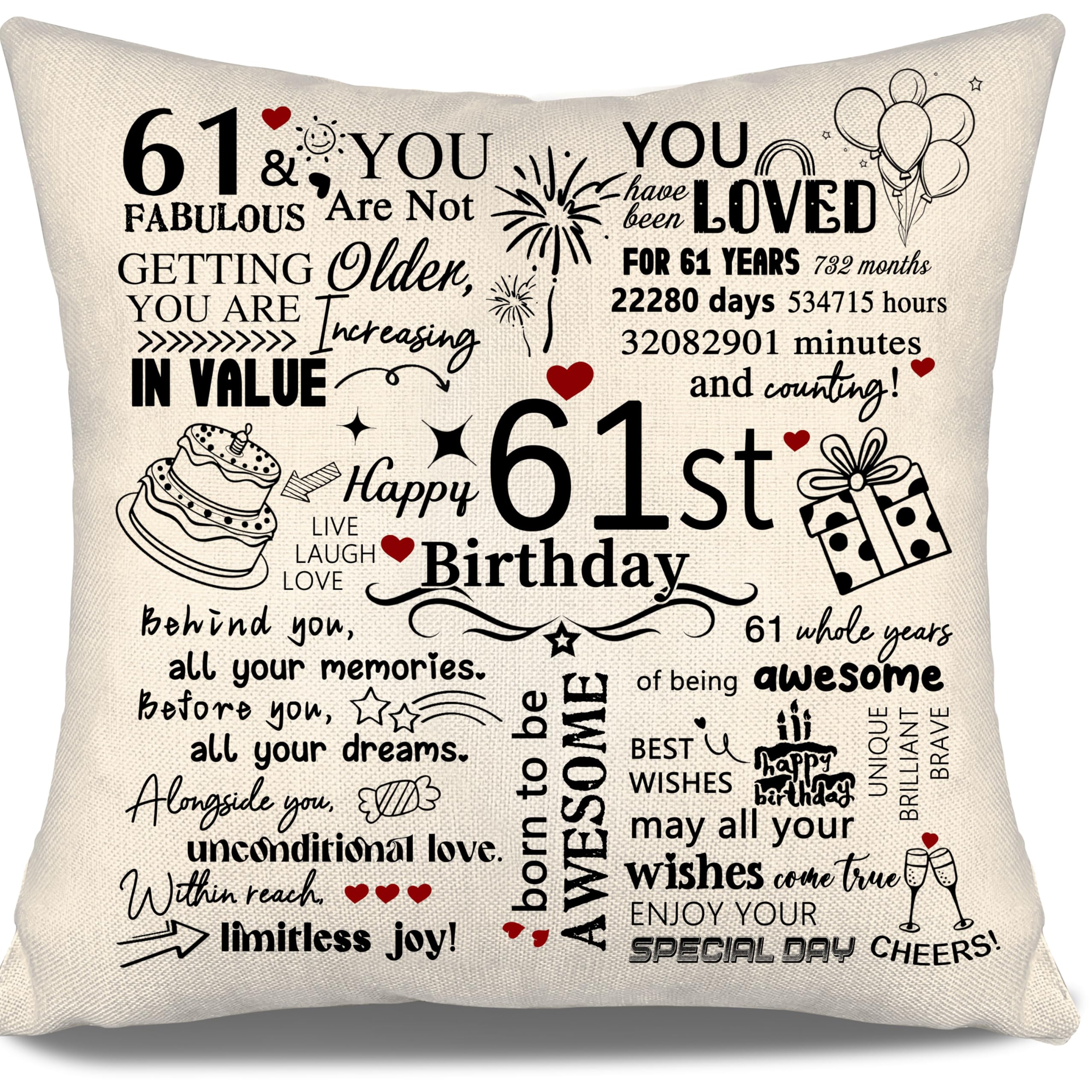 61st Birthday Gift Cushion Cover for Mum Dad Auntie Uncle Grandma Grandad Sister Friend Cousin Colleague Wife Husband 61 Years Old Women Men Gift Inspirational Cushion Cover Happy Birthday (61)