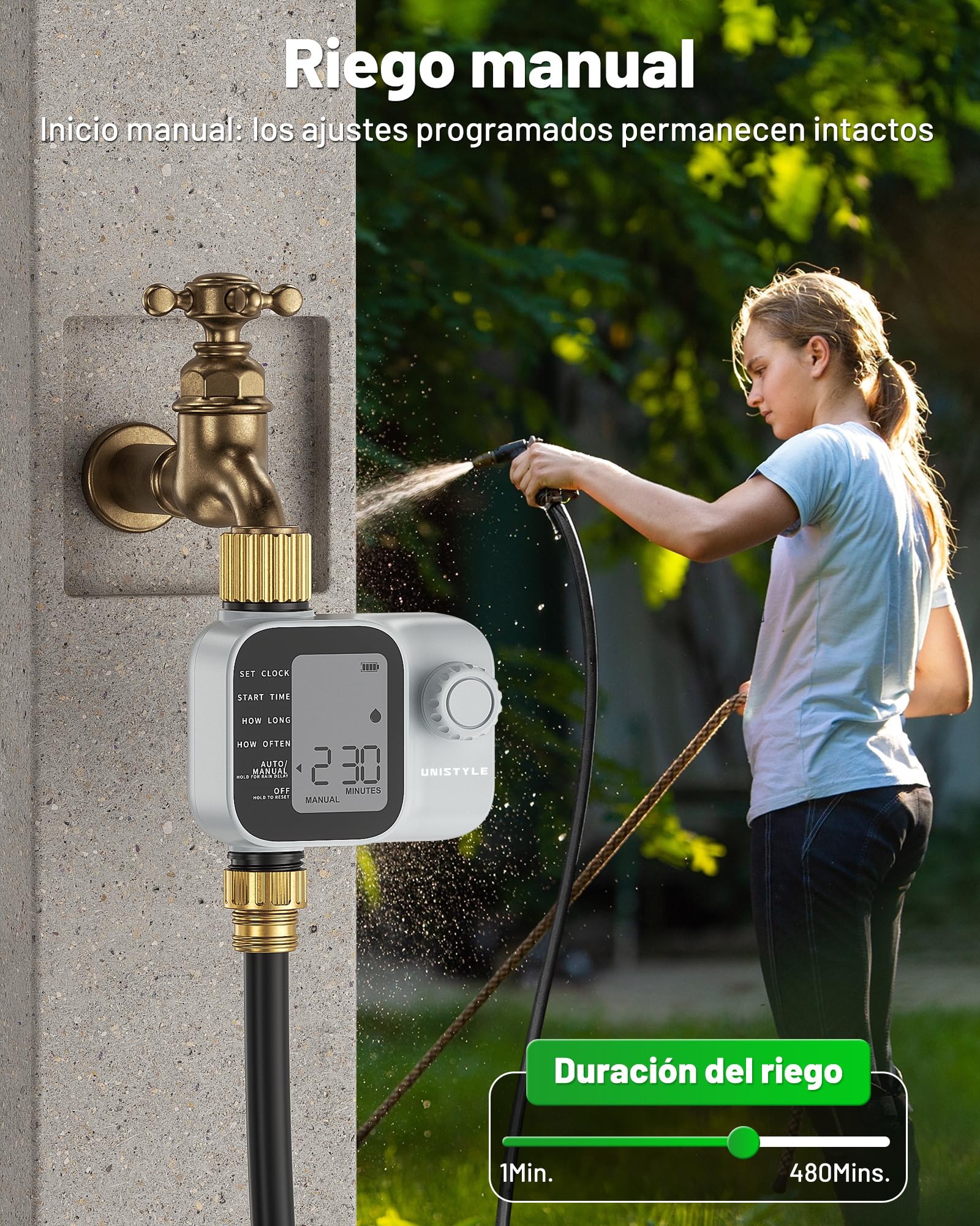 Programador de riego Unistyle | Nueva Edición 2026: Temporizador Riego Automático del Jardín, Manejo Sencillo e Intuitivo, Conexión de Latón de Alta Resistencia, Programas de Riego Flexibles