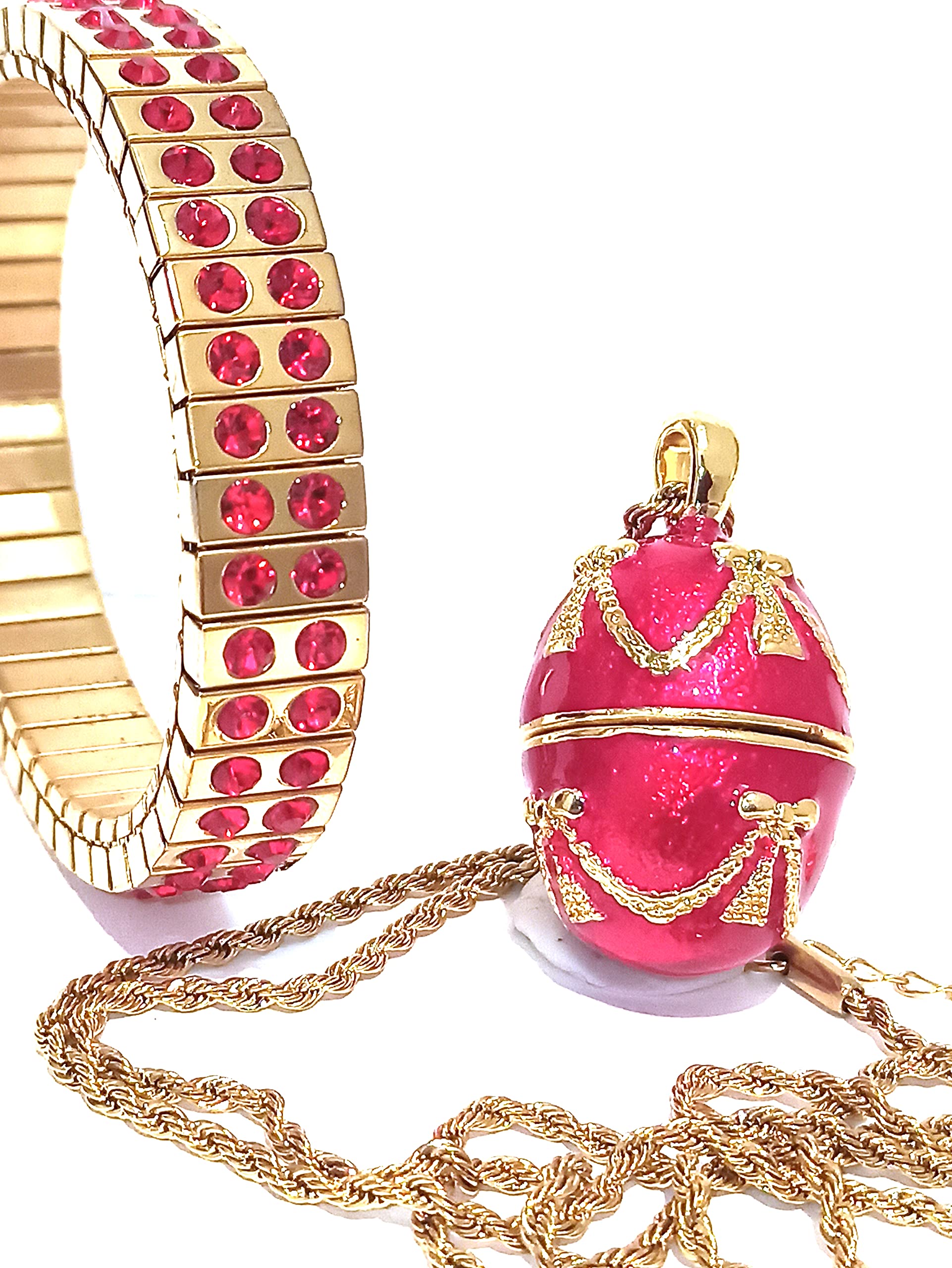 FABERGE Luxury Ruby Jewelry SET for Ladies Necklaces Set Bracelets for women FABERGE Egg Pendant Bracelet Necklace Set Adjustable 24K GOLD Gold chain Special Gifts for Daughter Sister Girlfriend 2CT