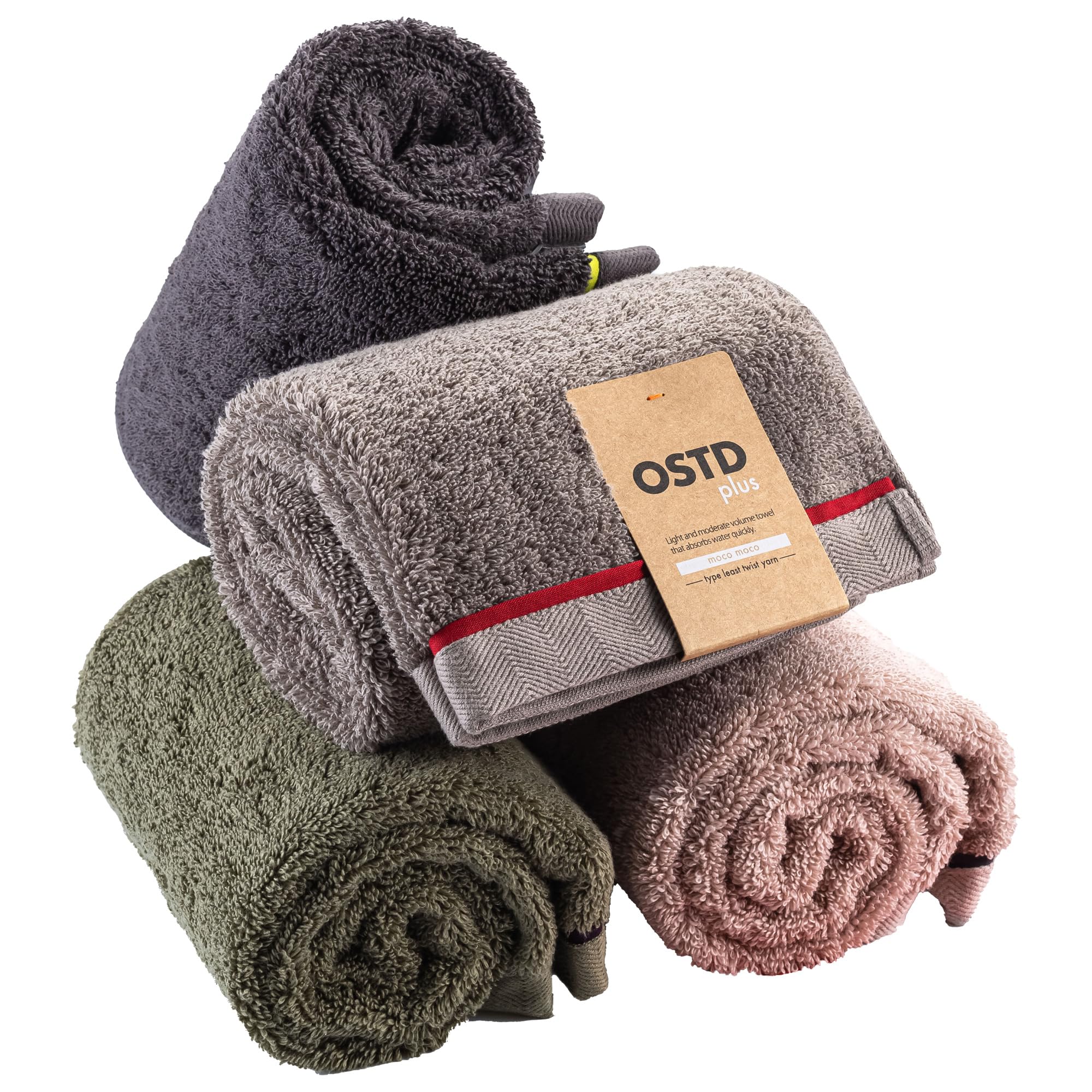 OSTD Plus Face Towels, Set of 4, Mocomoco MIX, Approx. 13.4 x 31.5 inches (34 x 80 cm), Stylish, Good Design Award, Dull Color, 4 Colors MIX, Khaki, Pink, Greige Charcoal : Home & Kitchen