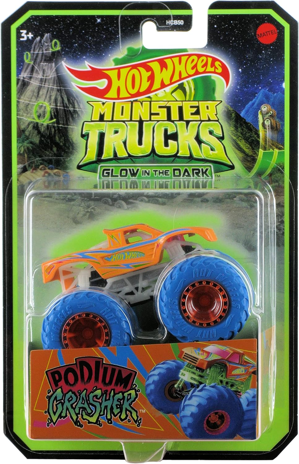 Hot Wheels 2022 Monster Trucks 1:64 Scale Diecast Glow in The Dark Podium Crasher, Orange with Blue Wheels