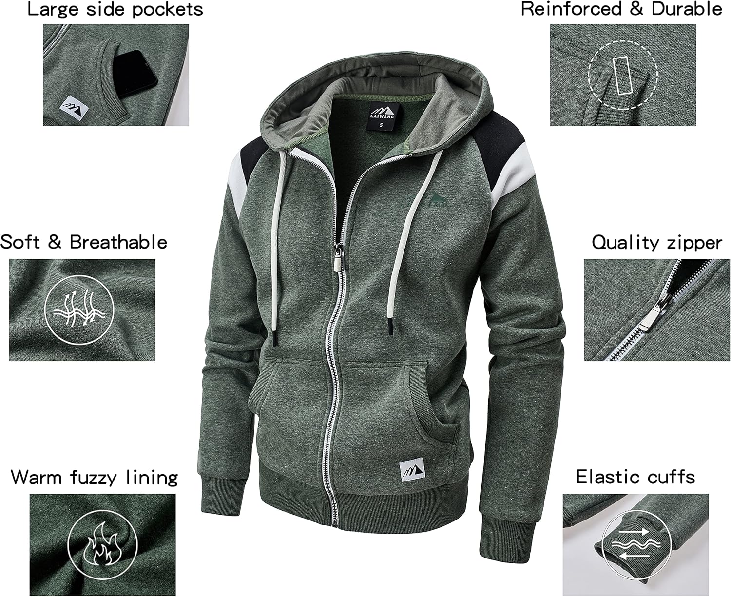 Men's Full Zip Fleece Hoodie zippered Color Block hooded slim Fit Long Sleeve Lightweight Sweatshirt