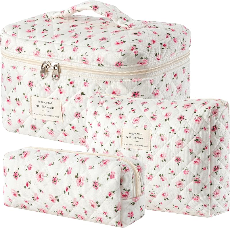 HBselect Kit com 3 Necessaires de Maquiagem Matelassadas de Algodão, Organizadores para Viagem