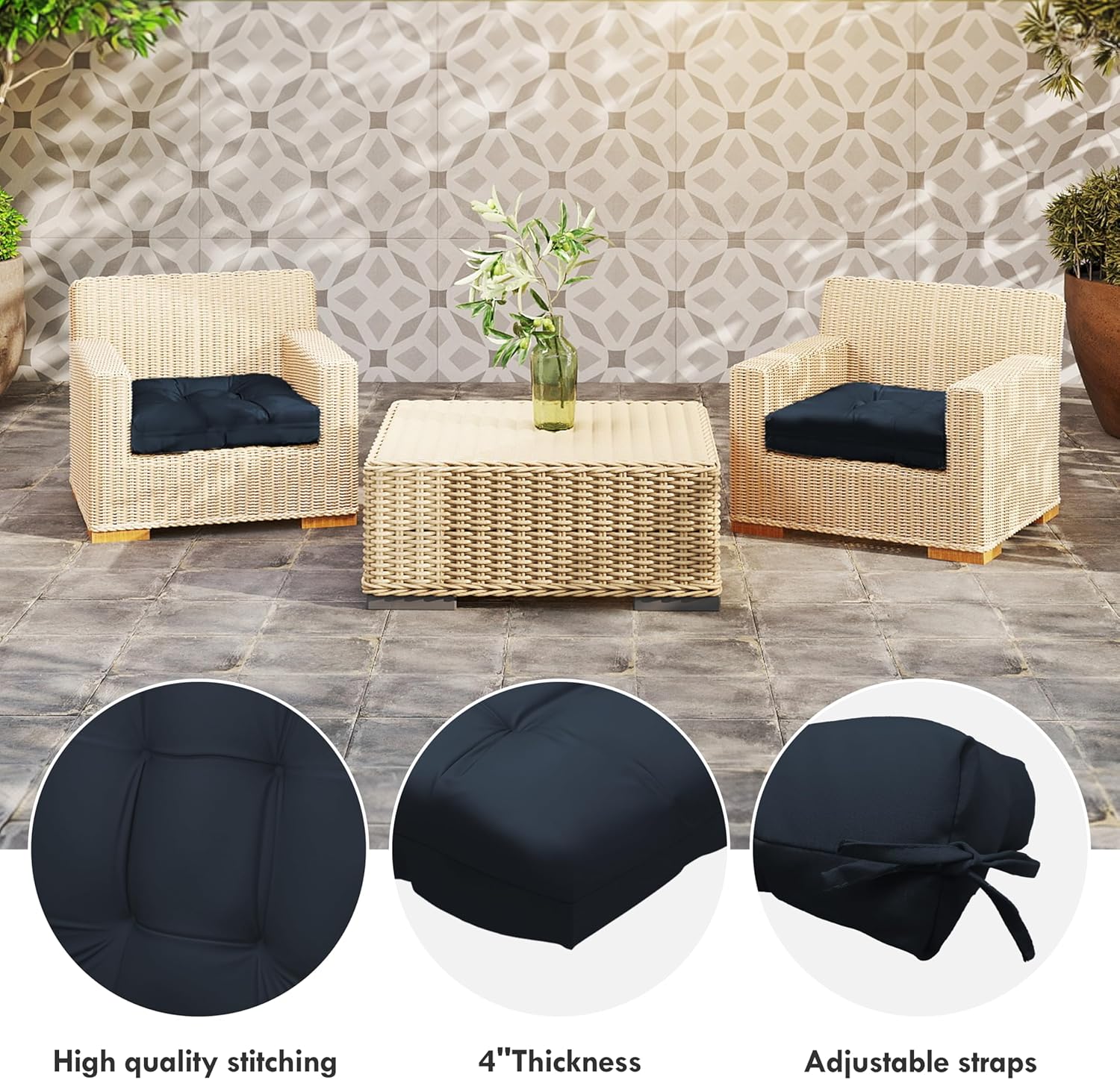 Outdoor Chair Cushions Set of 2, 22 x 22 x 4 Inch, Waterproof Patio Seat Cushion with Ties, Fade Resistant Square Patio Chair Pads, Dark Blue