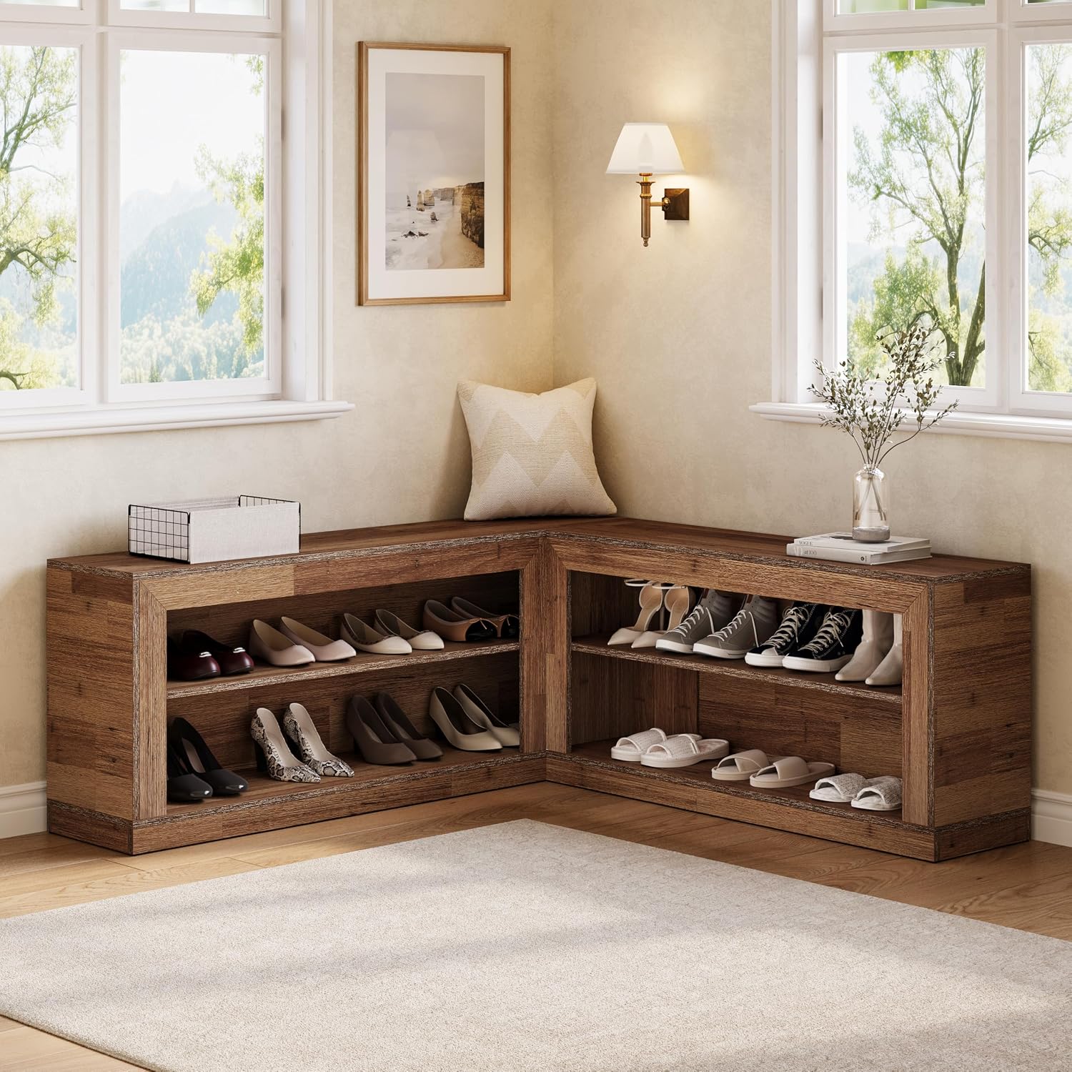 LITTLE TREE L-Shaped Corner Shoe Bench, 2-Piece Modular Wooden Nook Bench with Open Storage Shelves for Entryway, Bedroom, Hallway, Straight/L-Shaped/Separate Arrangement, Light Walnut