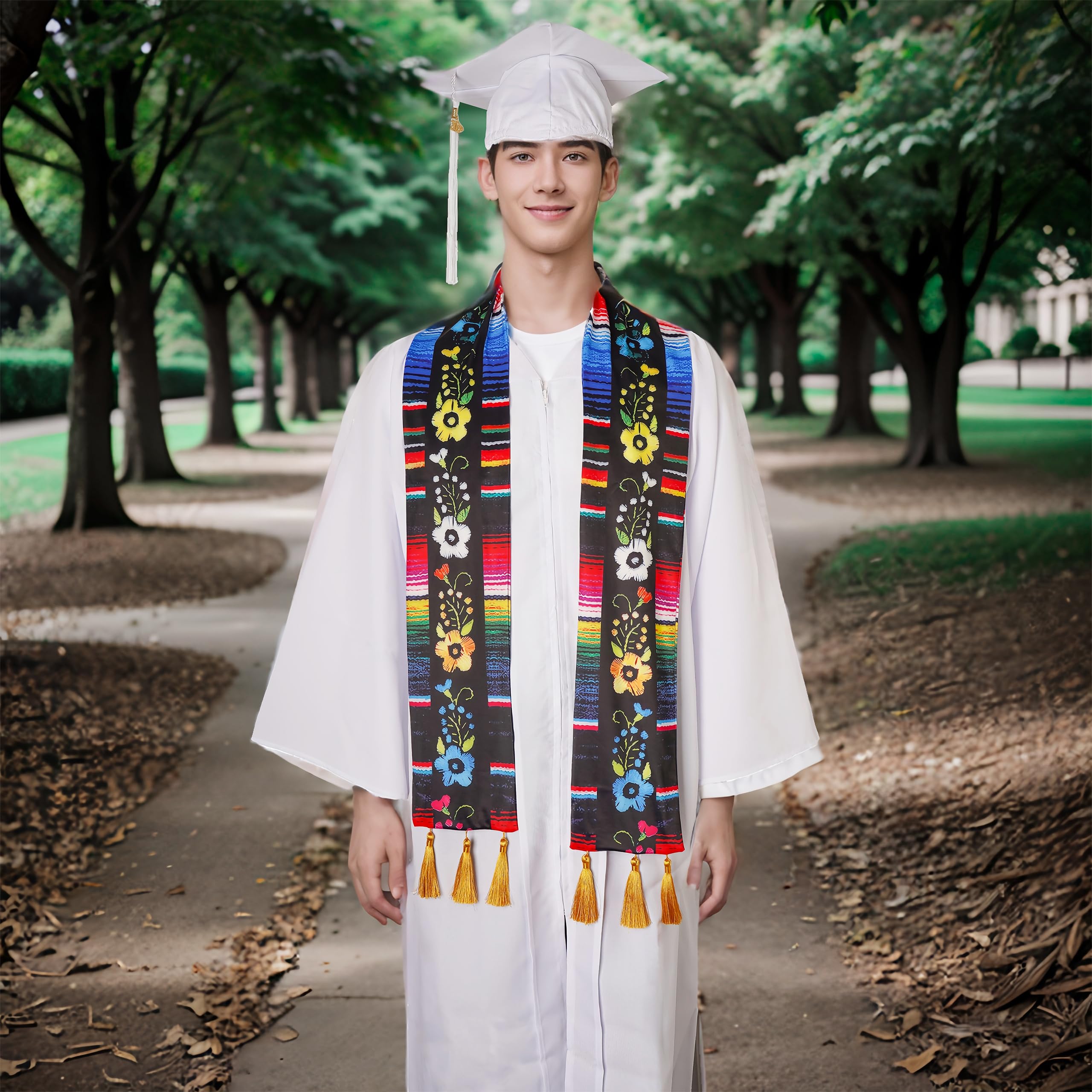 DENCTORAM Mexican Graduation Sash - Flowers Serape, Medium, Black