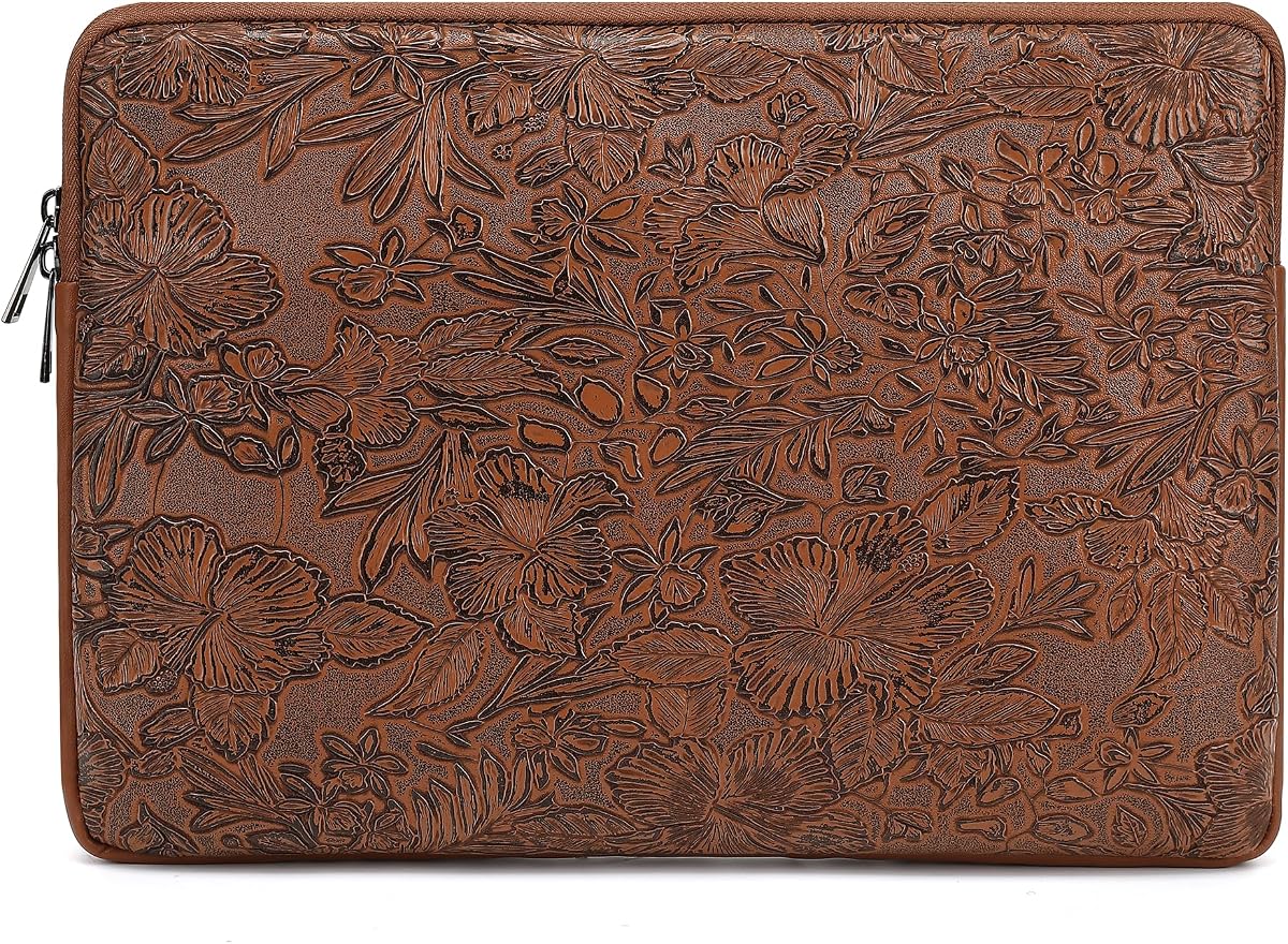 Embossing Floral Pattern PU Leather Laptop Sleeve Case with Pocket for MacBook Air 15 inch and 15 inch-15.6 inch HP, Lenovo, Dell, ASUS, Acer Notebook Computer (Coffee)