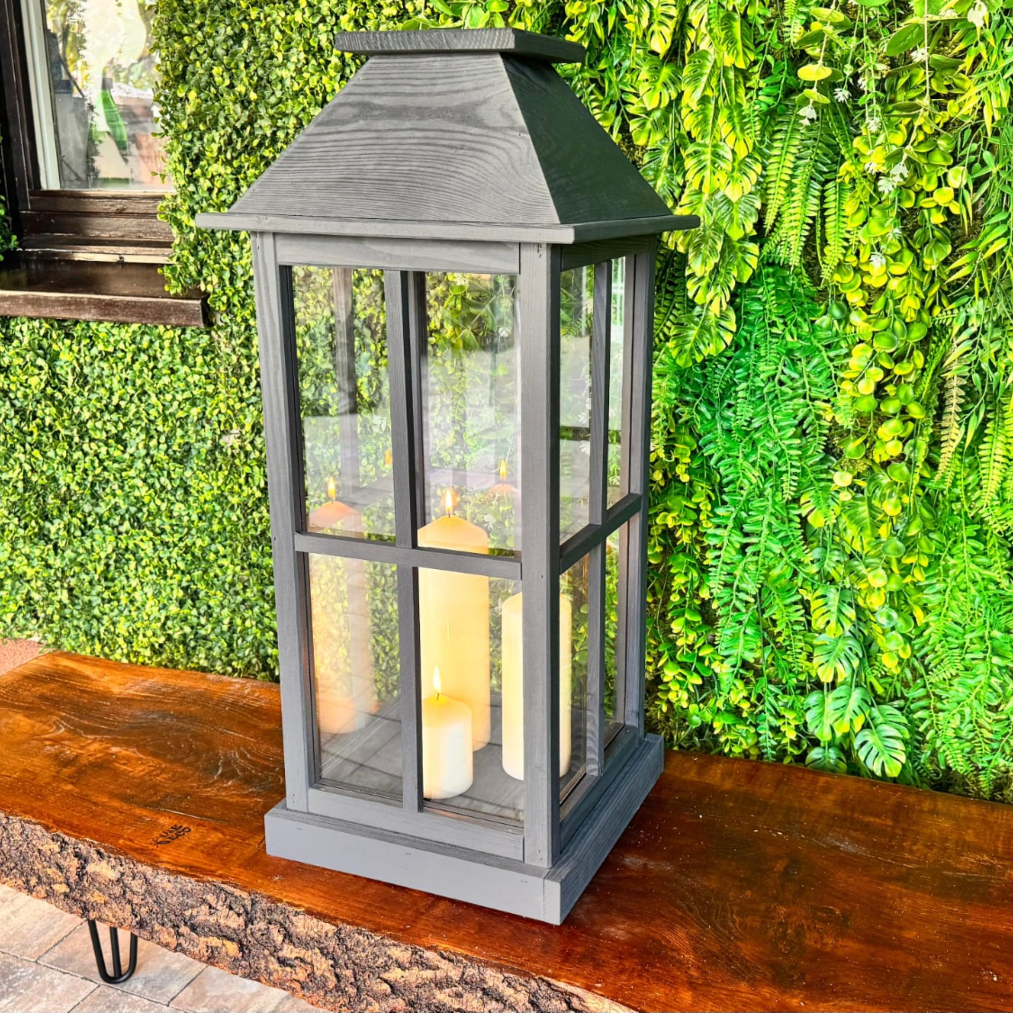 Weeco Farol grande de madera antracita con láminas de plexiglás, 74 cm de alto, 31 cm de ancho, elegante farol decorativo para velas