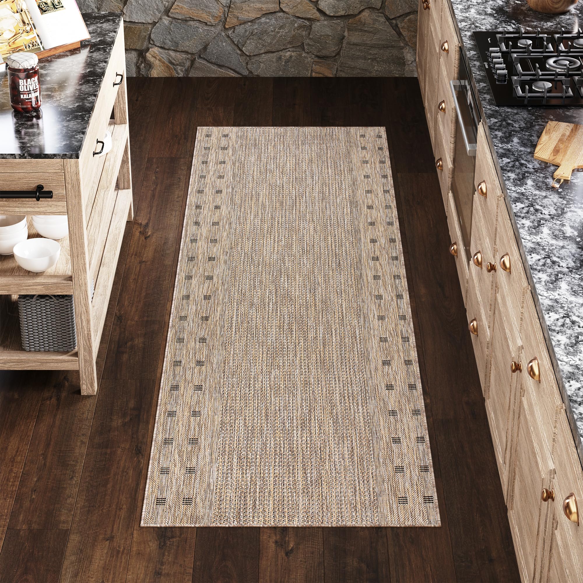 TAPISO Melissa Teppich Läufer Flur Outdoor Indoor Braun Schwarz Modern Design Wetterfest UV-beständig Wohnzimmer Balkon Terrasse ÖKO-TEX 100 x 400 cm
