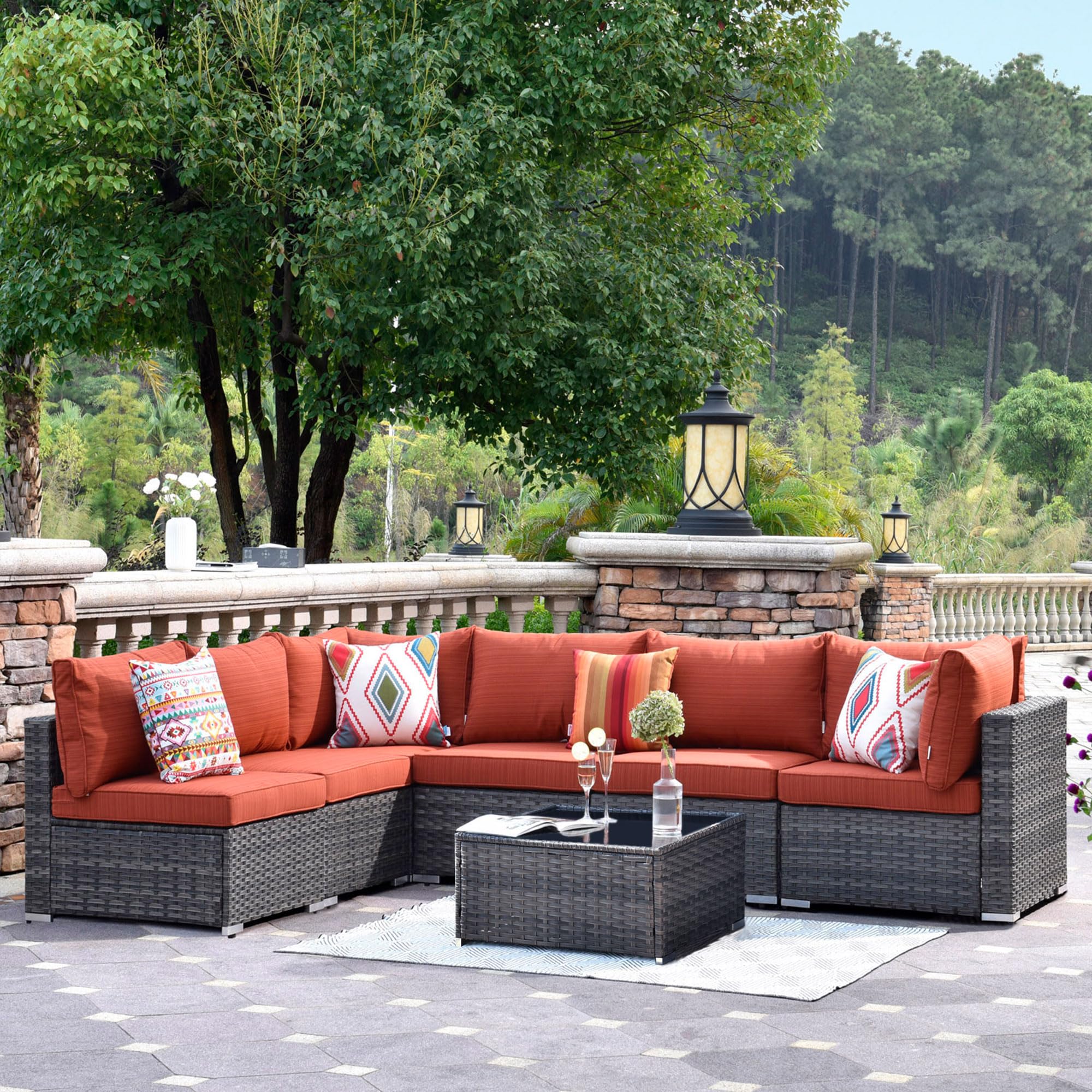 HOOOWOOO 7 Piece Patio Sectional Furniture Set,Modern Wicker Outdoor Conversation Sofa Sets,Weather Resistant Modular L Shaped Outside Couch Table Set