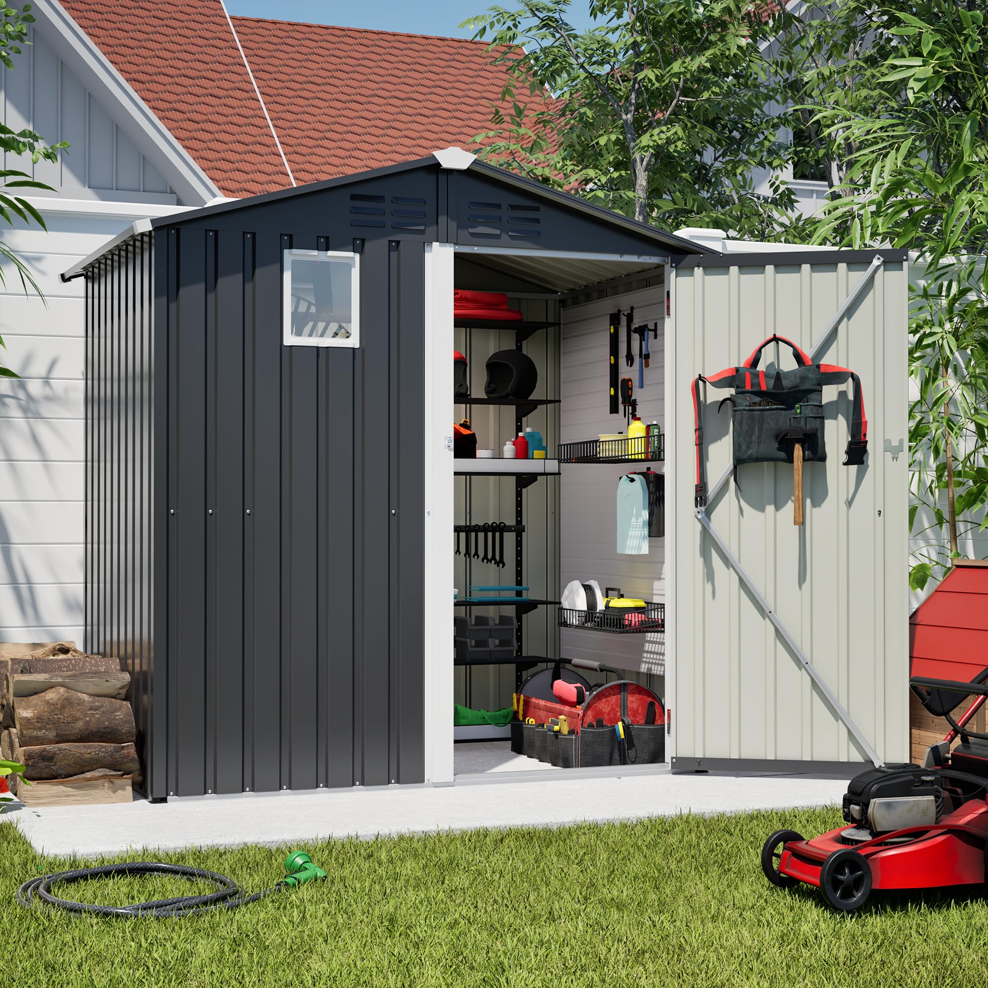 Photo 1 of ***PARTIAL SET ***
YOPTO 8x4 FT Outdoor Storage Shed,Metal Shed with Window & Floor,Garden Shed W/Air Vent & Lockable Sliding Door,All Weather Waterproof Tool House W/Sloped Roof,for Backyard,Patio,Lawn,Black+White