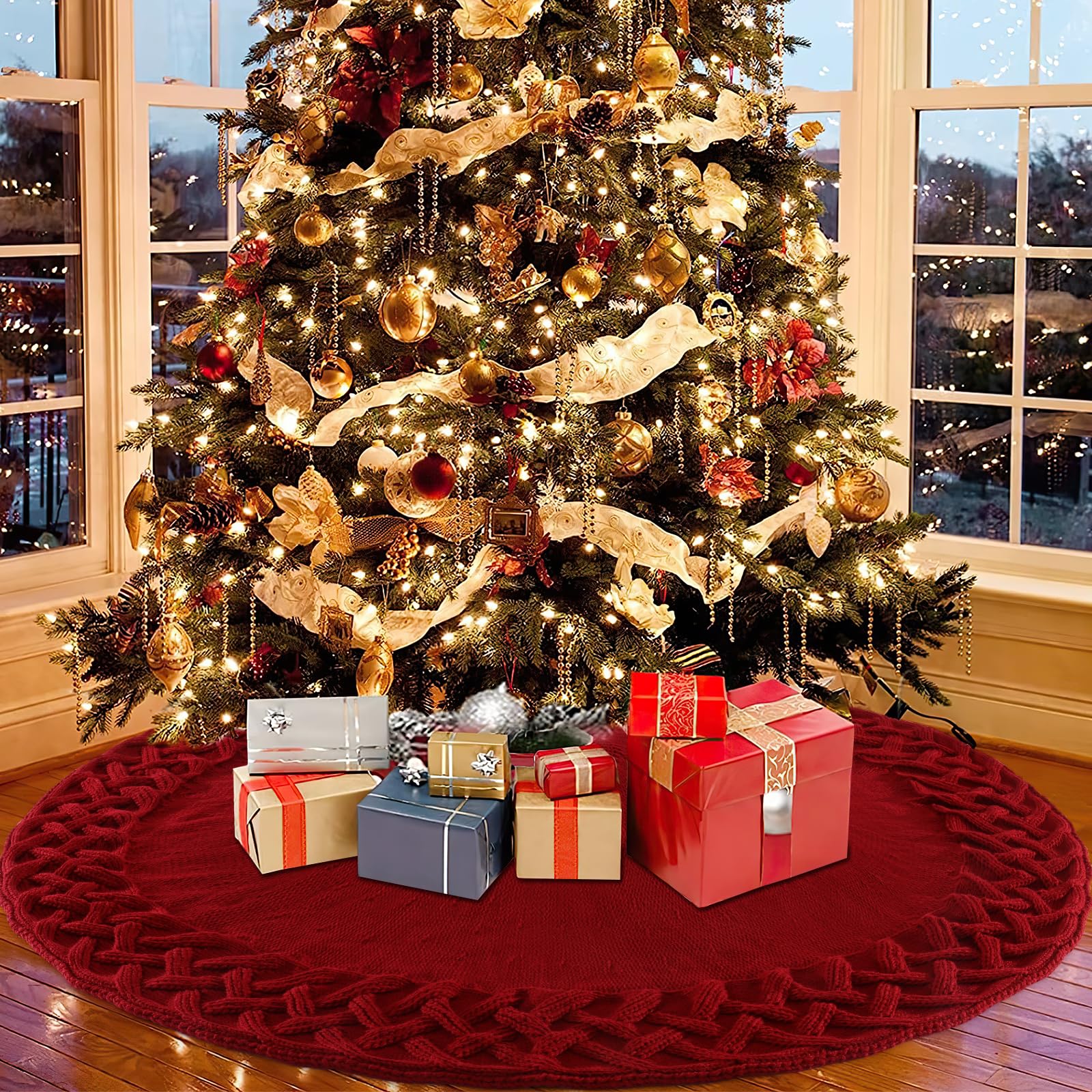 Dremisland Große Weihnachtsbaum Decke Rock 122cm Rot Gestrickter Weihnachtsbaumdecke Tannenbaum Teppich Christbaumständer Runde Christbaumdecke Rock Matte Baumdecke Christbaumschmuck Weihnachtsdeko