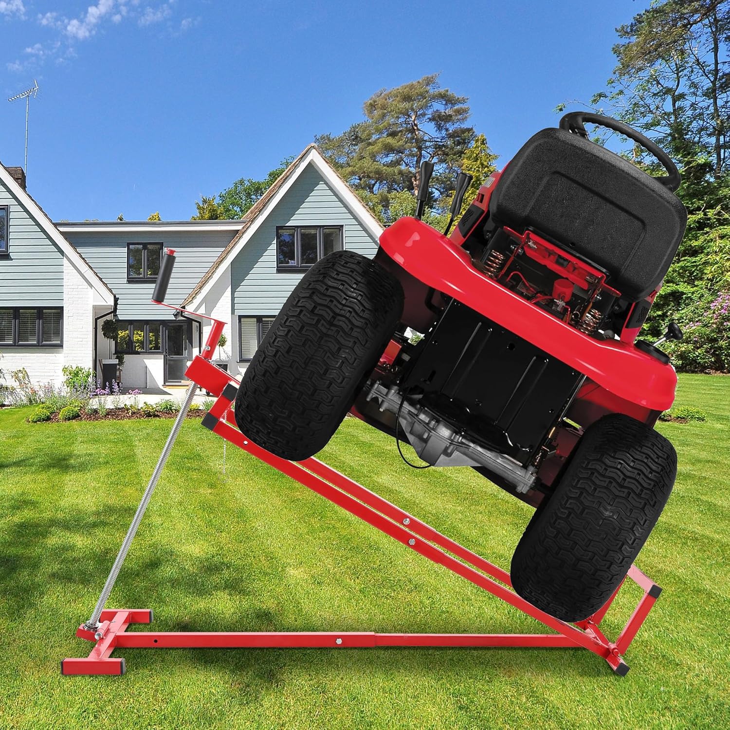 Foldable Lawn Mower Lift for Riding Tractors, Portable Lawn Mower Jack Lift Zero Turn & Telescoping Lawns Tractor Lifts with Adjustable Height/Manual or Power Handles, 880 LBS Capacity (Red)