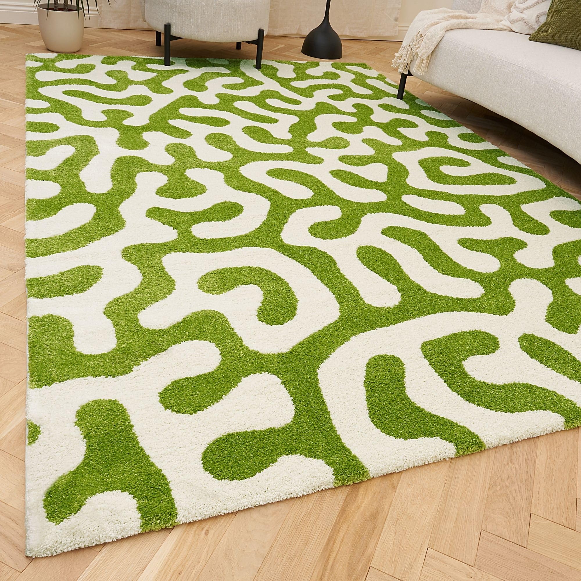 THE RUGS Joli Area Rug - Soft Dense Pile Modern Artistic Design, Durable & Easy Care Carpet for Living Room & Bedroom - Doodle Green & White, 120 x 170 cm
