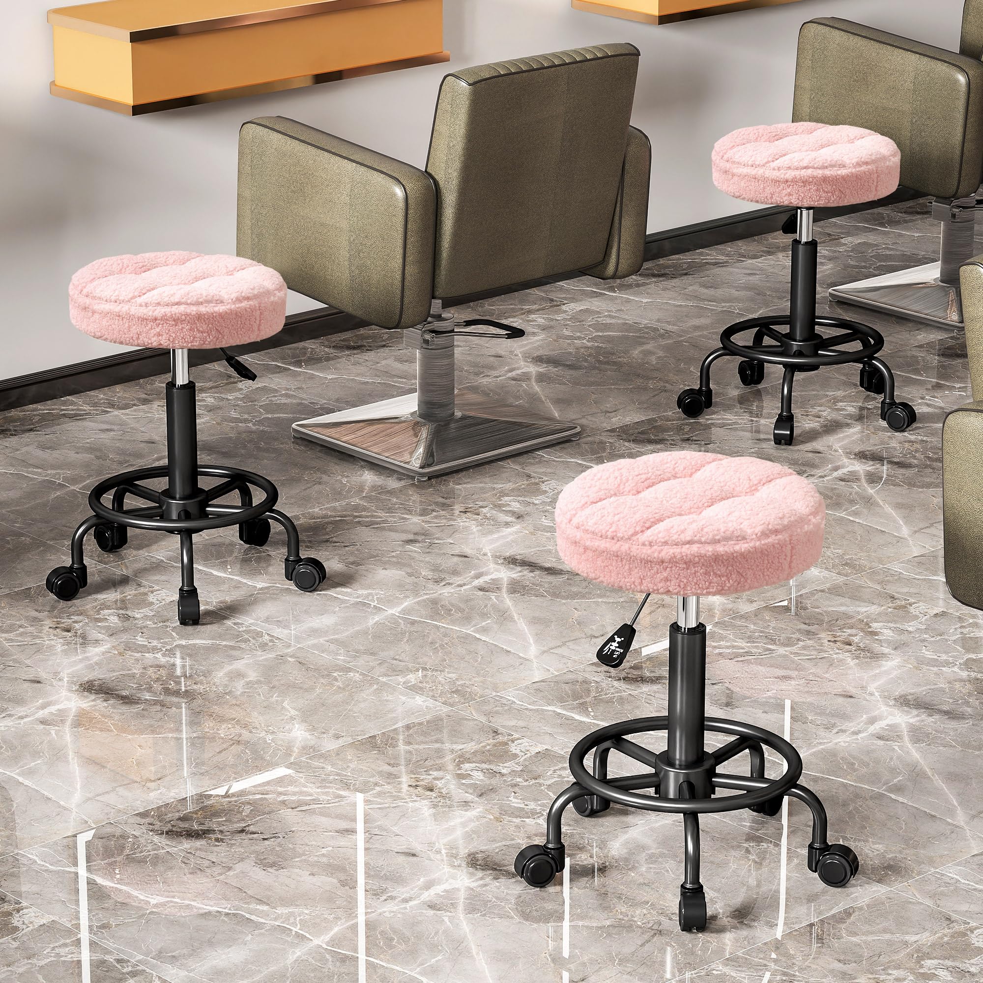 HOMCOM Taburete Giratorio Redondo Taburete con Ruedas Altura Regulable 50-66 cm Asiento Tapizado en Tejido de Borreguito para Salones Talleres SPA Masaje Rosa