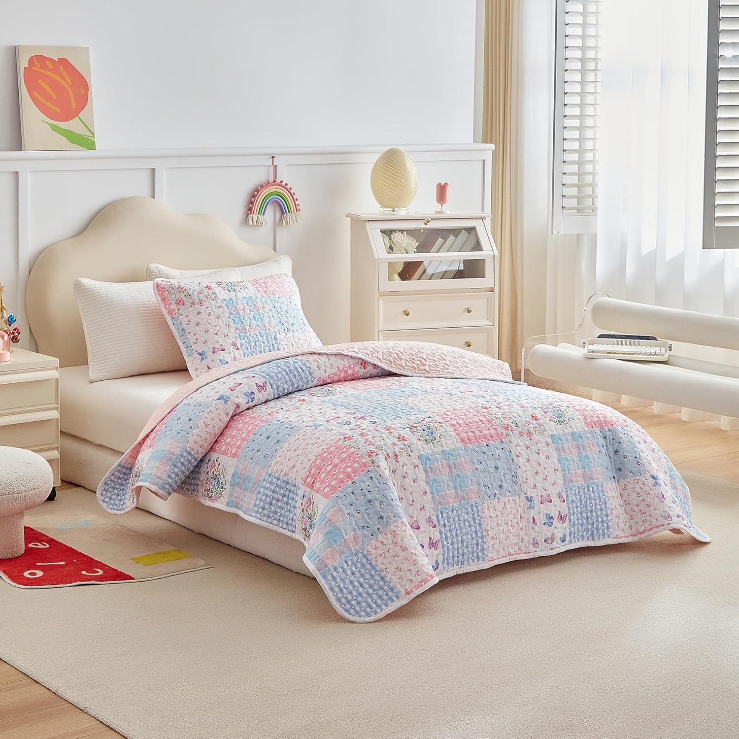 Joyreap Twin Size Quilt Set for Girls, Pink n Blue Floral Patchwork Design, 2 Pieces Soft n Cozy Microfiber Quilt, Bedspread Bed Cover for All Season- 68x88 inches - Image 2