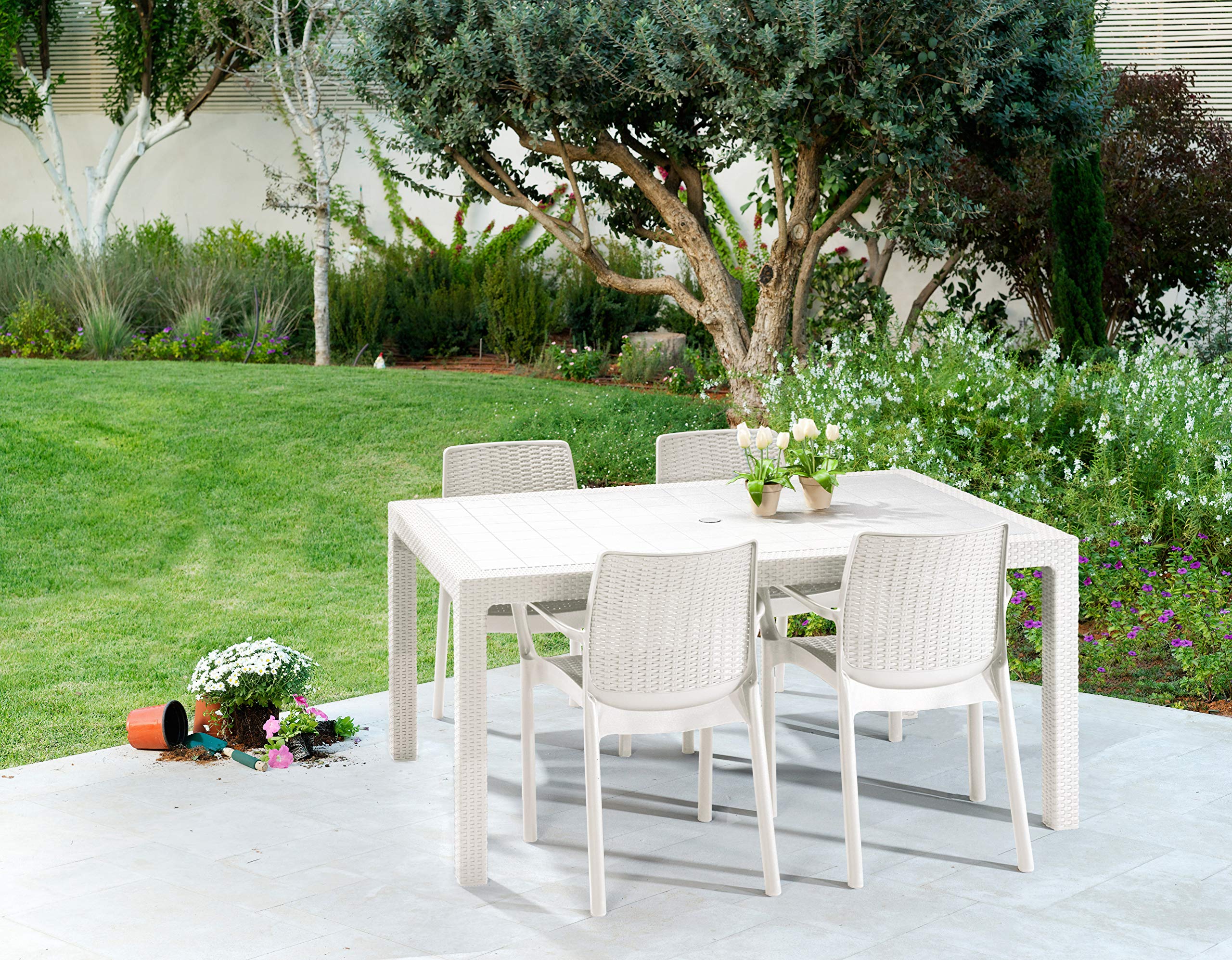Keter Bali - Pack x4 Silla jardín para Interior y Exterior con reposabrazos Ideal para Jardines y terrazas, apilable, Resina con Acabado de ratán Plano, Color Blanco