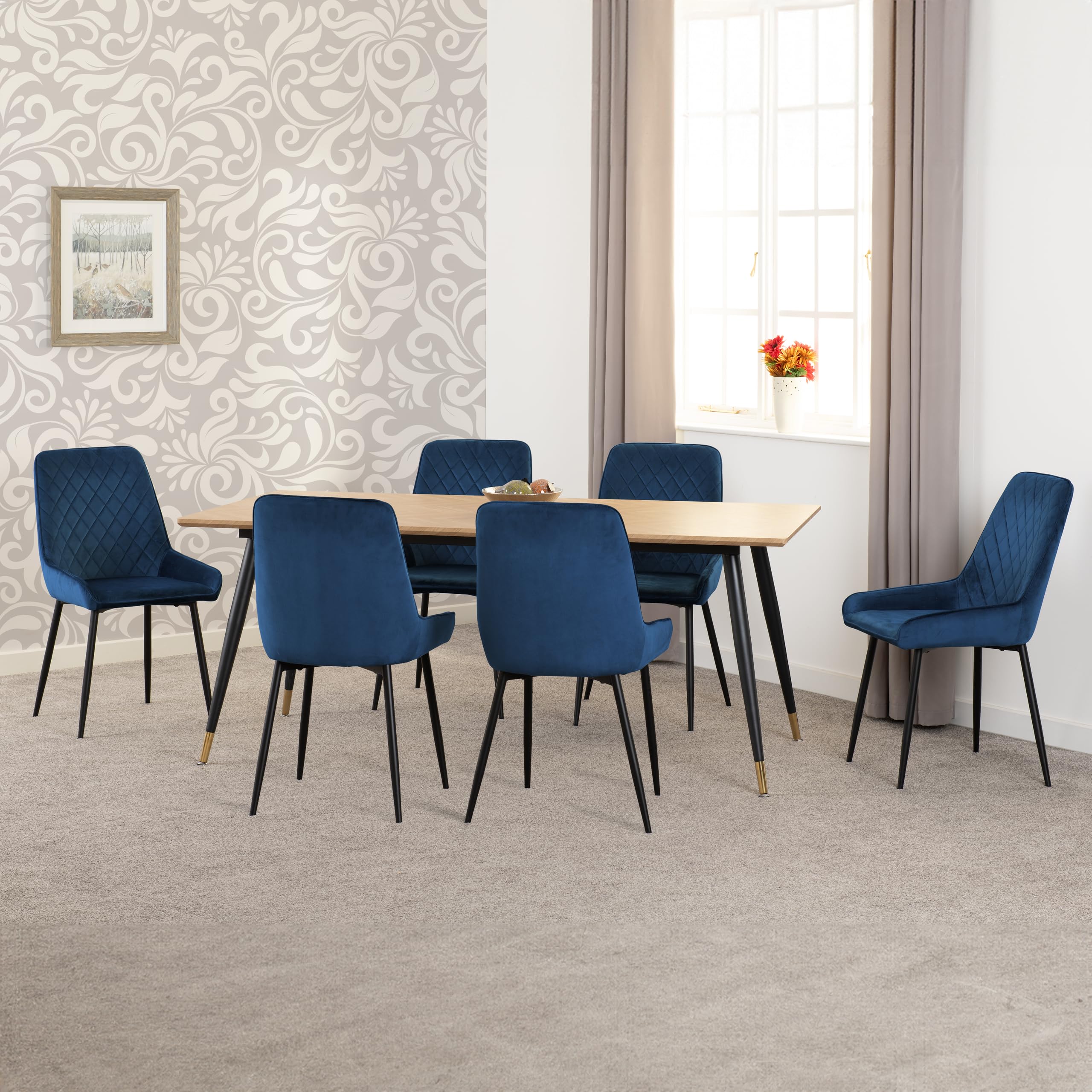 Hamilton Large Dining Set - Medium Oak Effect Table - 6 Avery Velvet Chairs - Sapphire Blue - Seconique