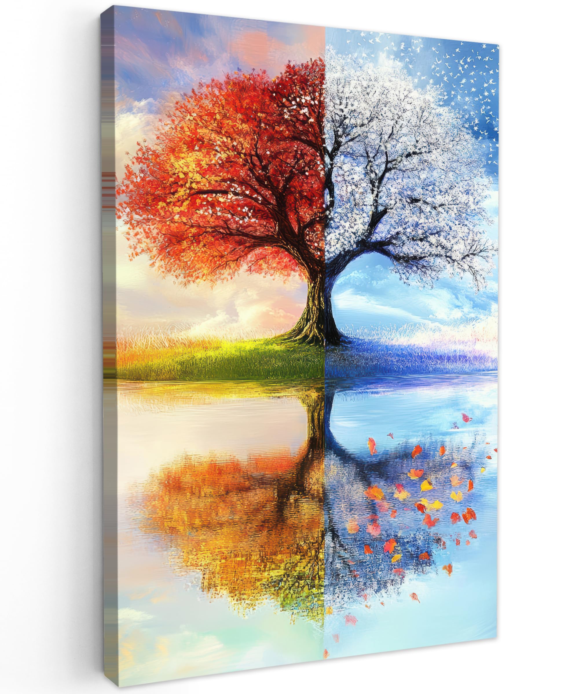 MuchoWow© Leinwandbilder 60x90 cm Wall Art Decoration Bilder für die Wand Schlafzimmer Deko Canvas Painting Wanddekoration Wohnzimmer Jahreszeiten - Kunst - Baum - Winter - Herbst