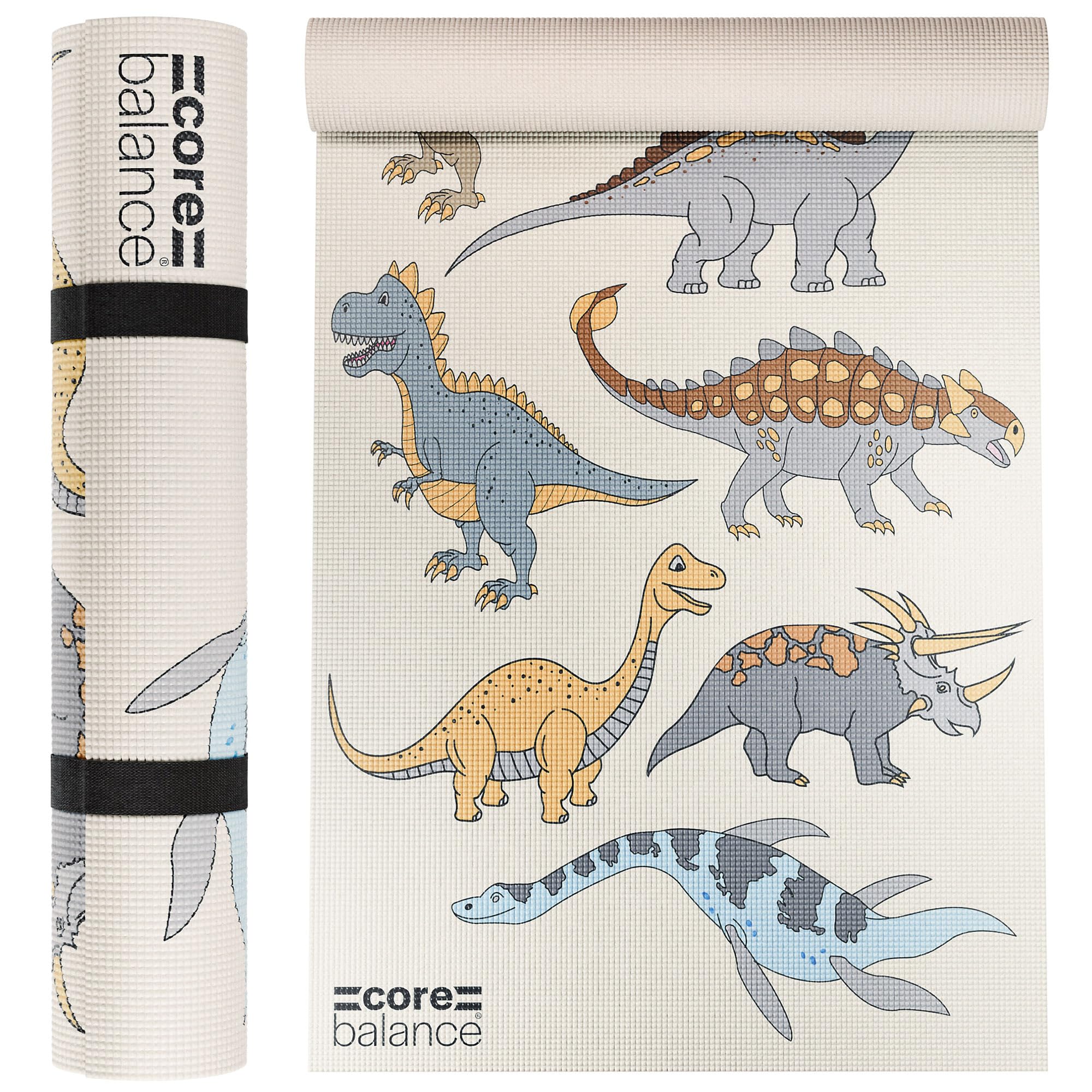 Core Balance Kids Yoga Mat with Strap, Screen-Printed Dinosaur Pattern, Non Slip PVC Foam, Textured Grip, 6mm Thick for Cushioning & Support, Easy to Clean, Active Play & Exercise Mat, 152cm x 60cm