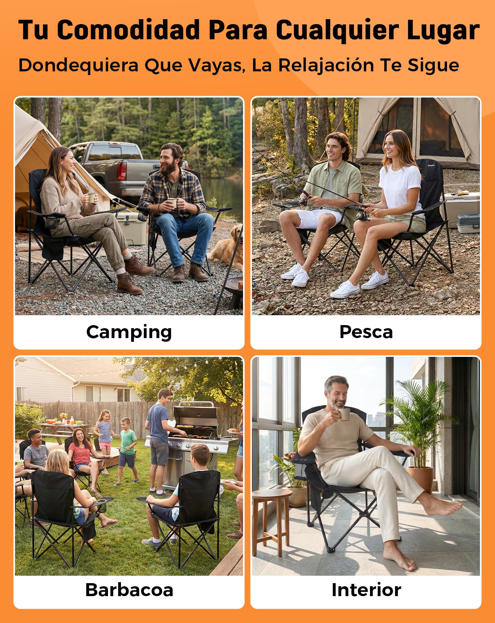 KingCamp Silla de Camping Plegable Ergonómica Acolchada 150 kg | Con Portavasos, Bolsillo Lateral, Solo 2,8 kg, Tamaño Compacto 15×15×93 cm para Camping, Jardín, Pesca y Exterior
