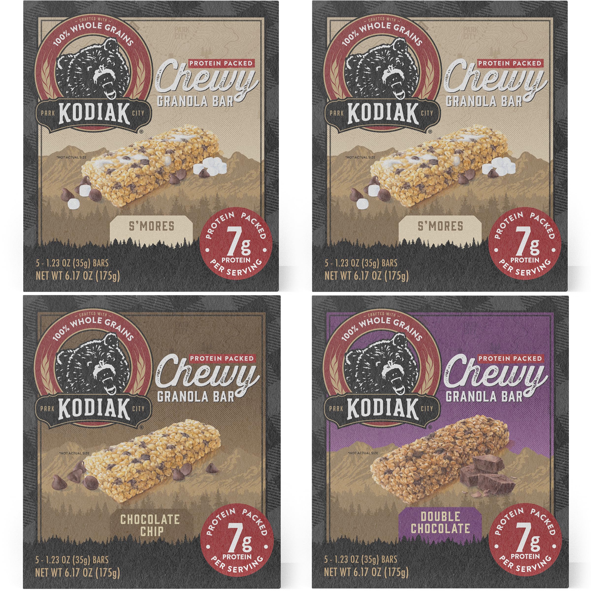 Kodiak Cakes Chewy Granola Protein Snack Bars Variety Pack, S'mores, Chocolate Chip, Double Chocolate, High Protein, 100% Whole Grains, Pack of 4 (20 bars total)
