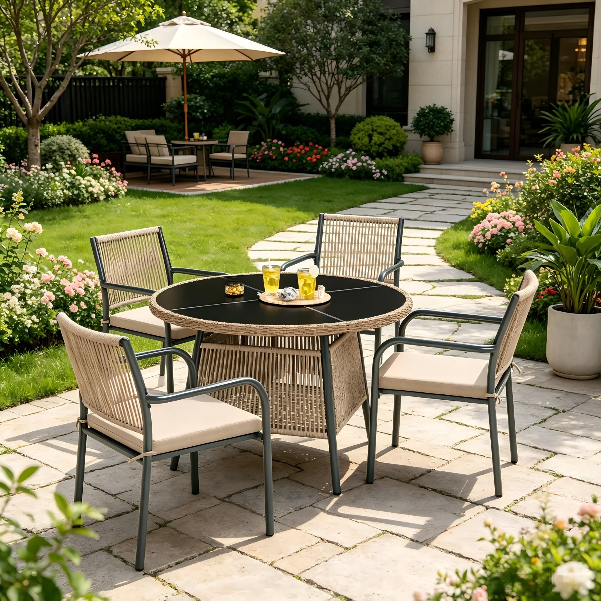 Soweiz Juego de muebles de jardín de ratán moderno, mesa redonda de cristal + 4 sillas con reposabrazos, estructura de hierro, adecuado para terraza/balcón/cubierta (gris)