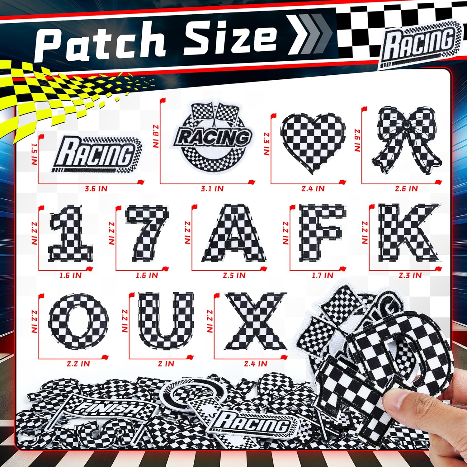 Meneng Letters and Numbers Patches for Racing: 82 Pcs Iron On Checkered Letters with Car Patches - Embroidered Flag Lightning Patch for Jacket Hat Customization - Image 2
