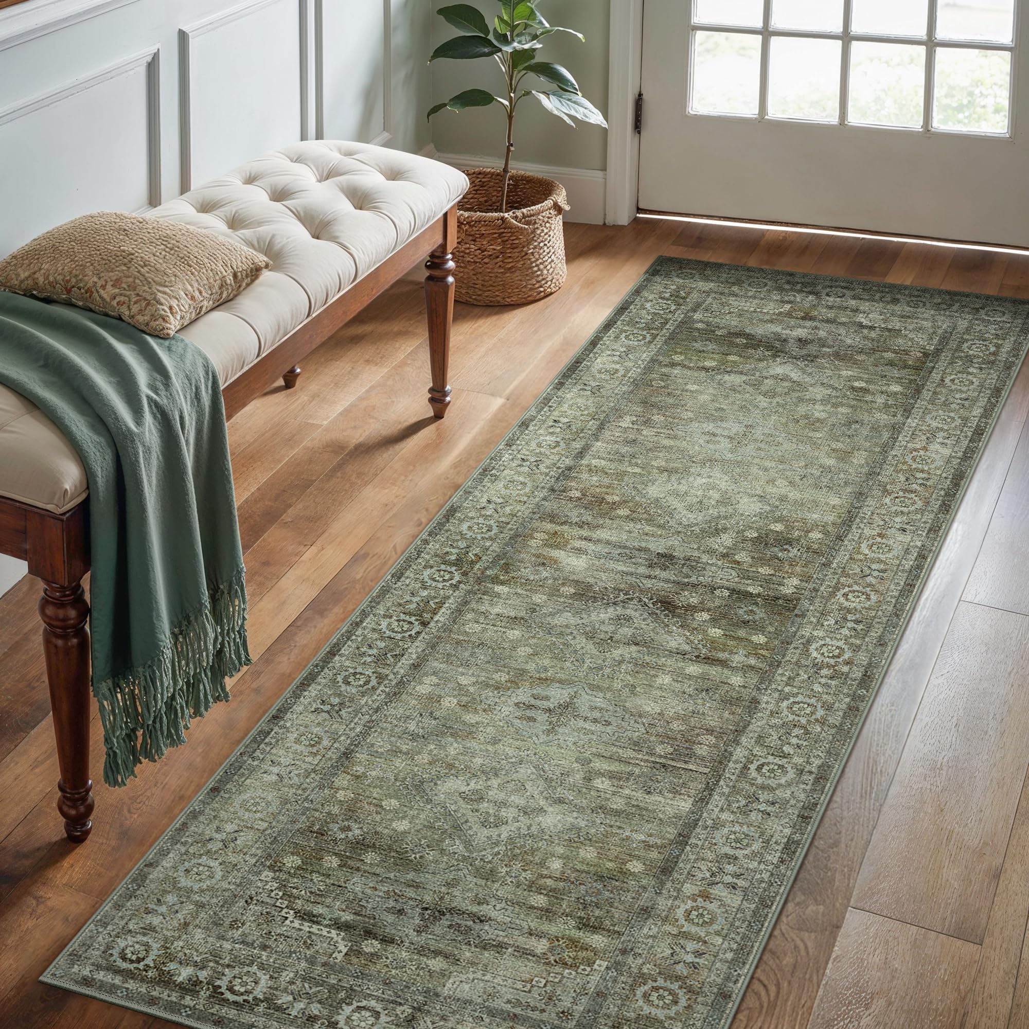 Runner Rug for Hallway Kitchen, 2x5 Machine Washable Runners Rug for Entryway, Soft Modern Boho Throw Rugs, Low Pile Floor Cover with Non Slip Backing, Distressed Light Greyish Sage Green