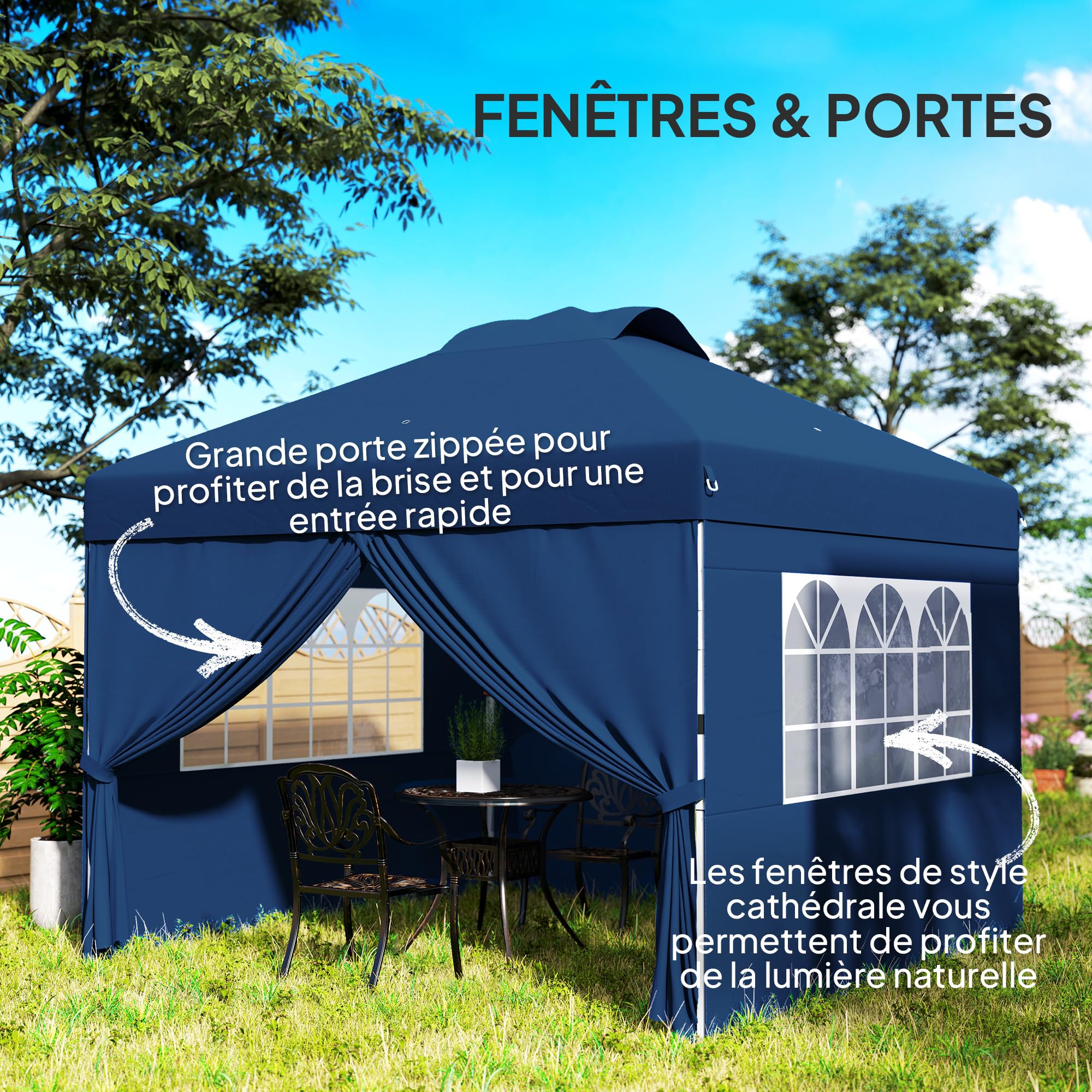 Outsunny Tonnelle de Jardin Pliante 3 x 3m Hauteur Réglable Bleu Foncé | Tente de Réception Pop-up, Parois Latérales, Aérations, Fenêtres, Sac de Transport à Roulettes, Tissu Oxford