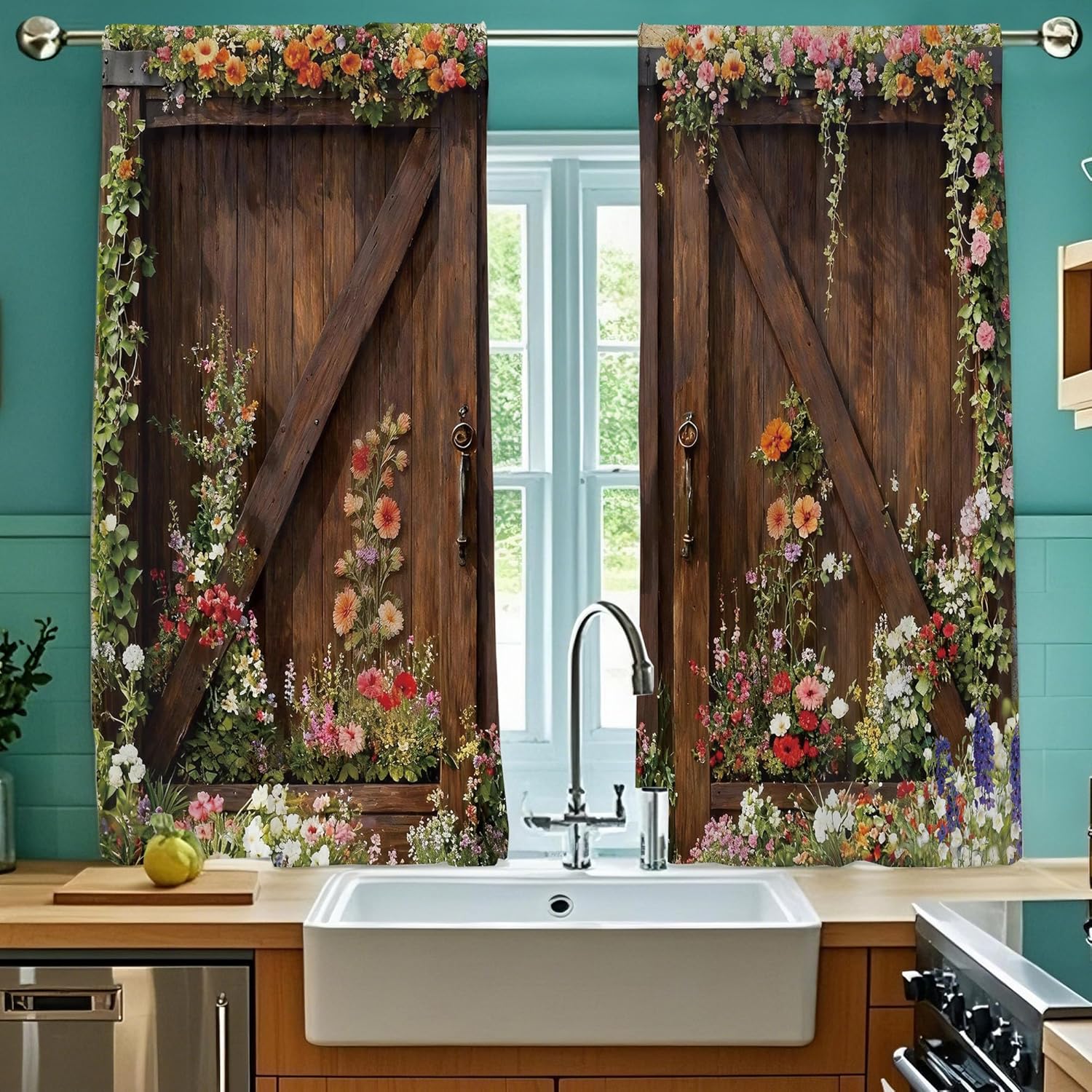 Colorful Abstract Window Curtains 42x63 inches Long 2 Panels Floral Aesthetic Flower Lake Nature Scene Color Mountain Retro Boho Living Room Curtain Window Treatment Curtain Drapes for Bedroom
