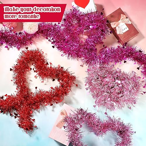 Miniatura 4 de Guirnalda de oropel de 79.2 pies, 12 piezas de corazón para el día de San Valentín, guirnalda de oropel metálica roja y rosa, guirnalda brillante