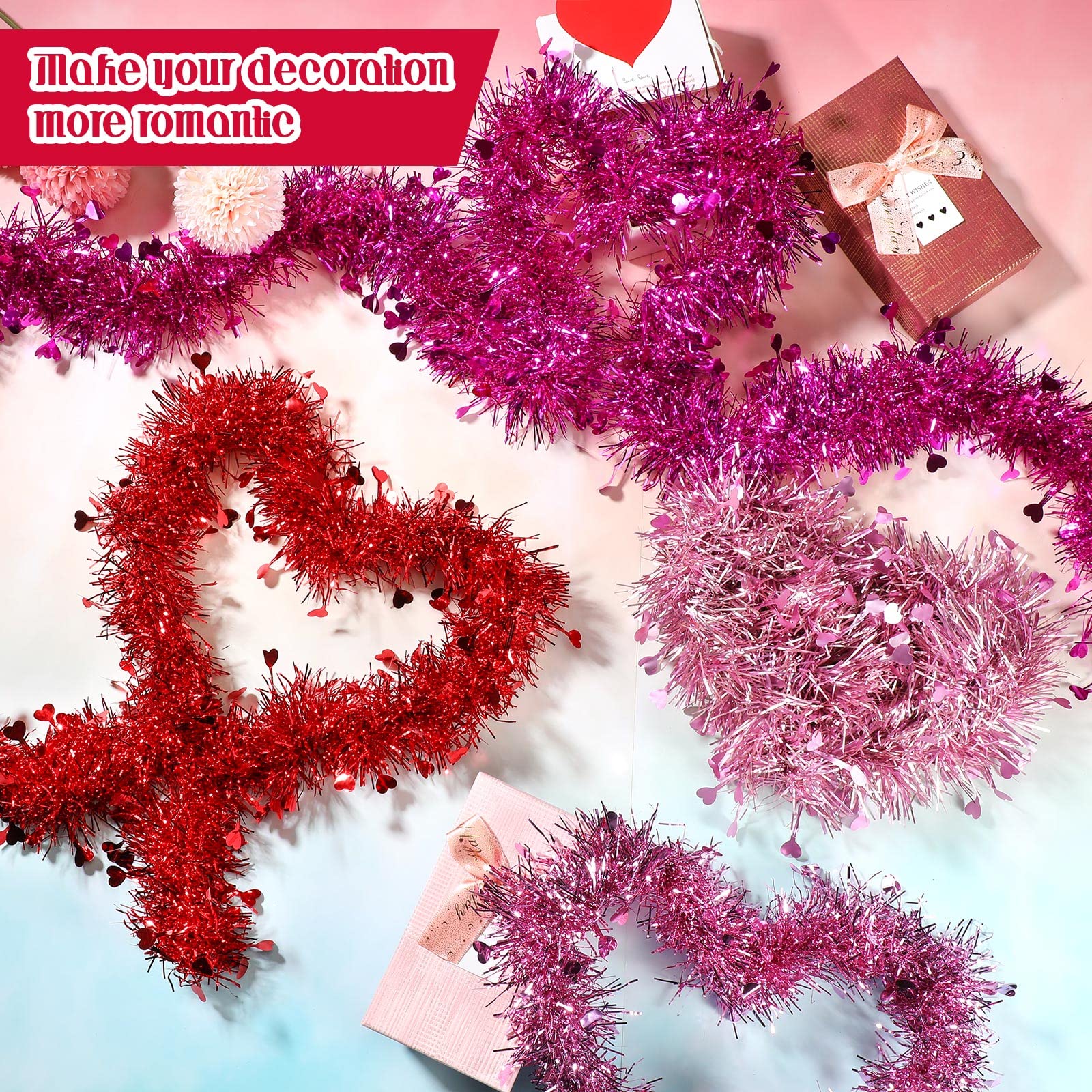 Lametta-Girlande, 24 m, 12 Stück, Herz-Valentinstag, Lametta-Girlande, rot, rosa, metallisch, Lametta, glänzend, Valentinstag, Baum, hängende Girlande, Dekoration für Hochzeit, Verlobung, Jahrestag