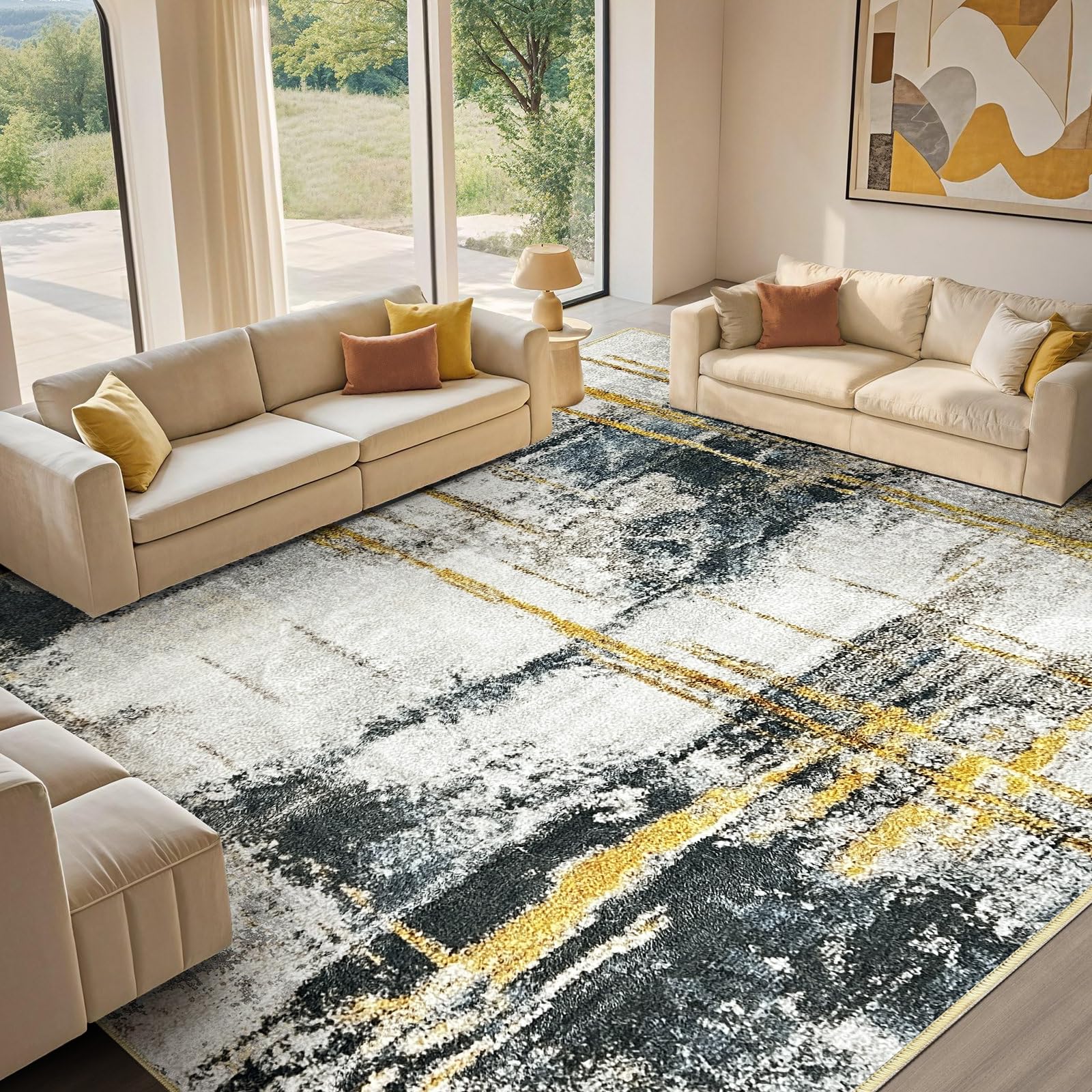 Tapis Antidérapant Salon Moderne, Tapis Doux Lavable en Machine, Tapis Poil Ras Agréablement Étre Destiné à Salon, Chambre, Salle à Manger, Beige & Gris, 200x290cm