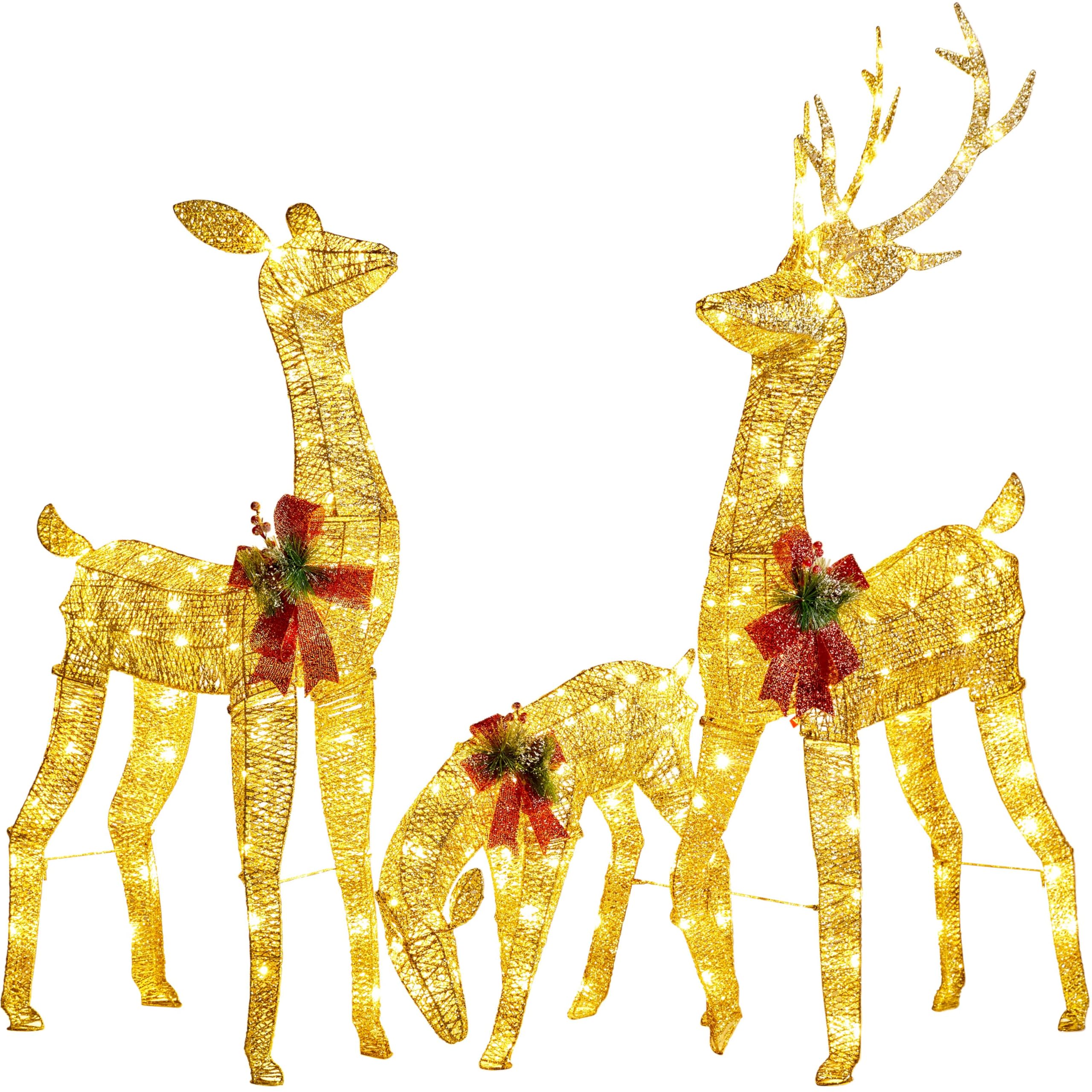 Yaheetech 3-Piece Lighted Deer Family, Reindeer Christmas Decoration with 360 LED Lights, Stakes, Zip Ties for Yard Patio Lawn Garden Party Xmas Decorations - Gold
