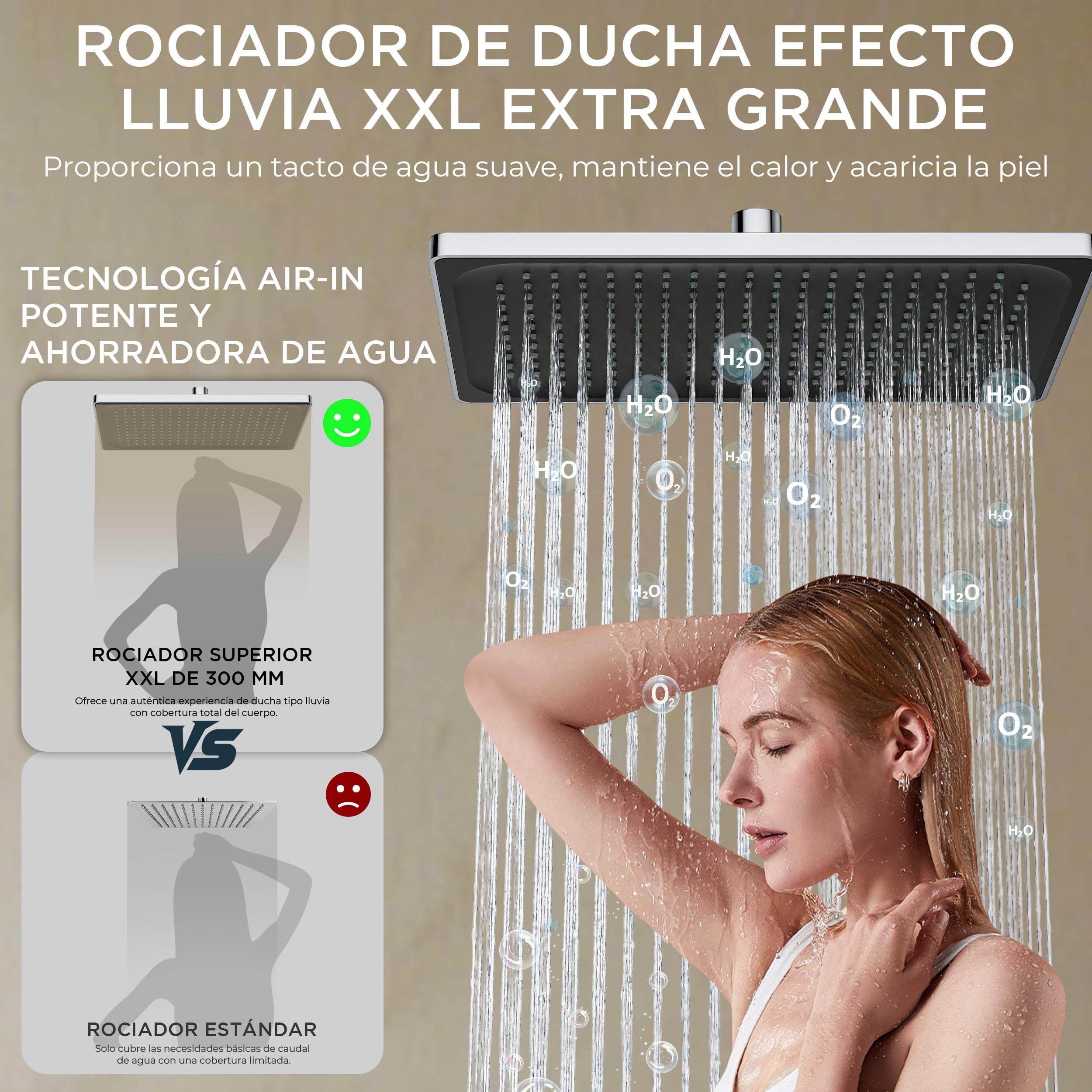 FORIOUS Columna De Ducha Termostática Con Rociador 30 × 20 Cm, Sistema De Ducha 3-En-1 Con Barra Ajustable Y Ducha De Mano Para Mayor Confort