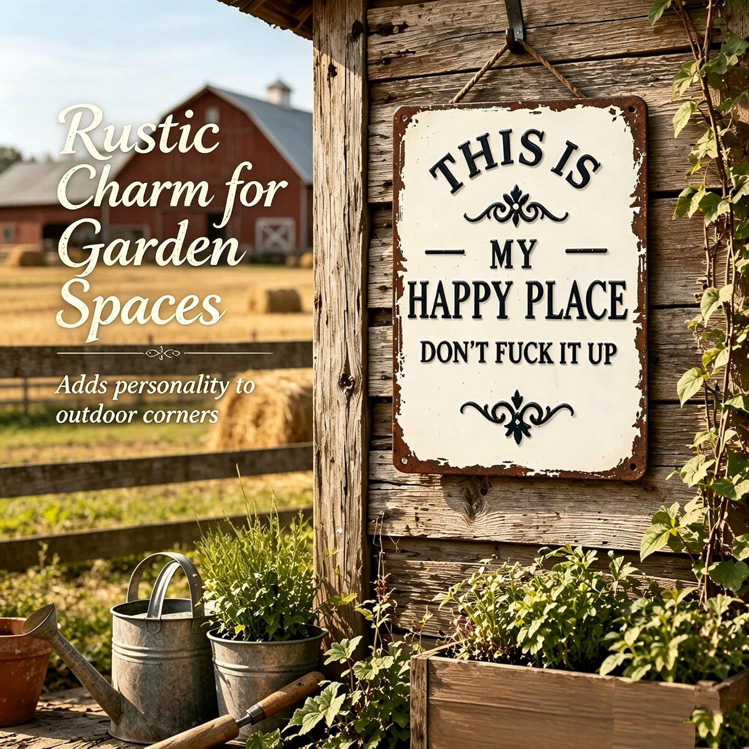 Funny Garden Metal Sign -"This Is My Happy Place Don't F*ck It Up Vintage Decor, Home Kitchen Art,Welcome Square Sign for Home Kitchen Garden Farm Bar or Coffee Wall Decor (11.8 * 7.8in)