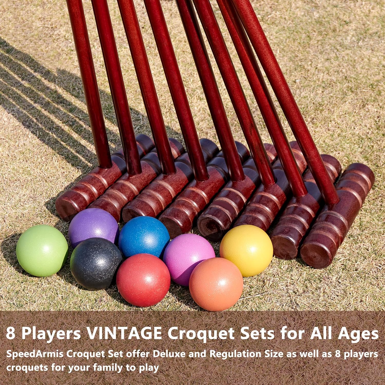 SpeedArmis Croquet Set for Adults - 8 Players Croquette Kit with 35In Deluxe, 32In Regulation Size Rubber Wood Mallets, Colored PE Ball, Wickets, 24In End Stakes, Lawn Backyard Game for Families