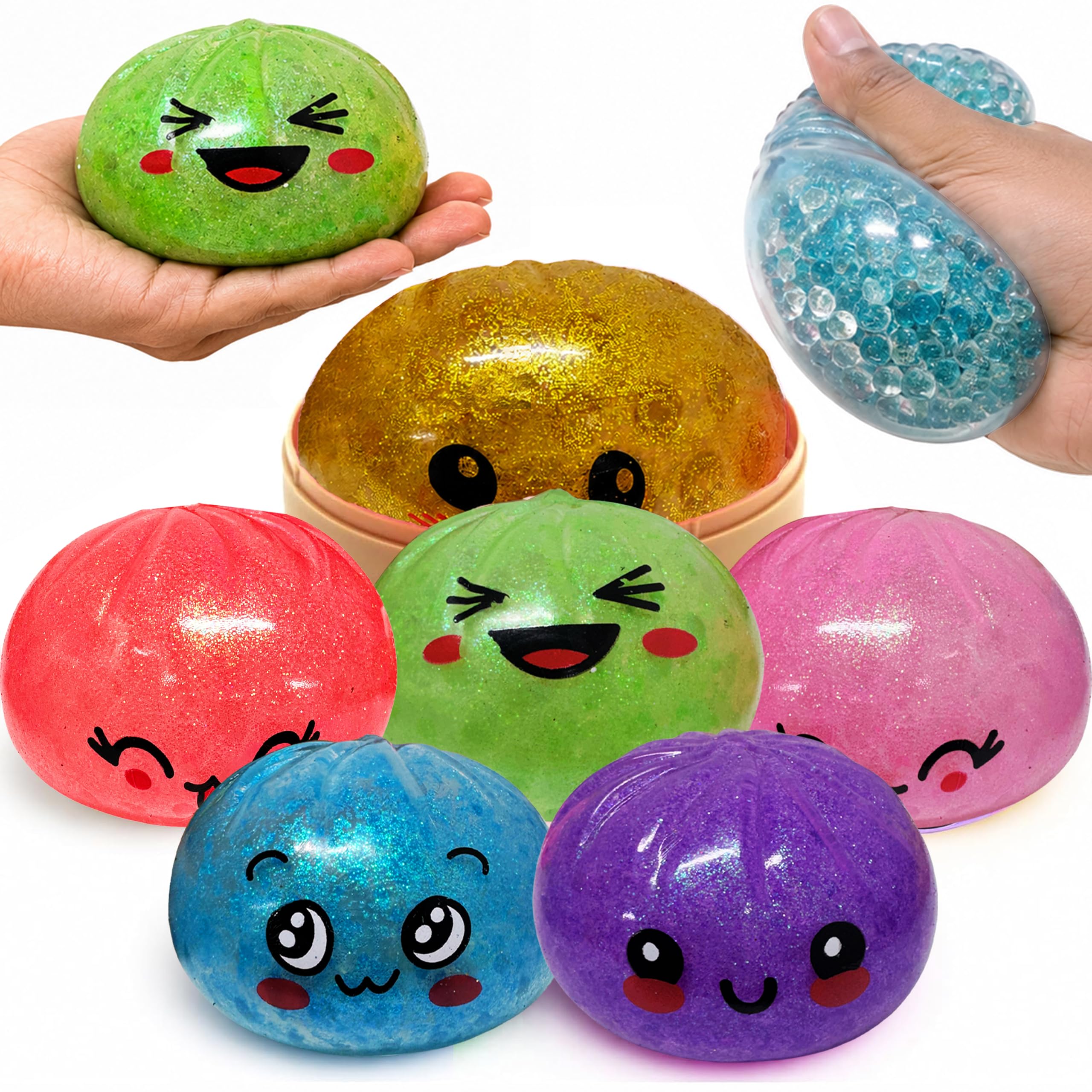 Mystery Surprise Glitter Orbs Dumplings 8.5cm - 3x Random Squishy Bao Dumplings, Super Rare Golden Bao, Squishy Glitter Dumpling Anti Anxiety Toys for Kids Age 3+
