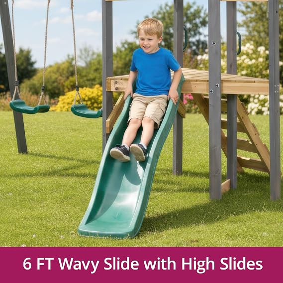 Plum Barbary Wooden Toddler Swing Sets for Backyard with Wave Slide, Playground Sets for Backyards, Kids Outdoor Play Equipment with Adjustable Swings, Climbing Ladder, Sturdy, Weatherproof, Age 3+yrs