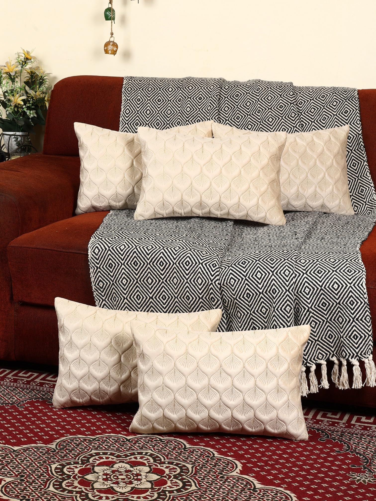 Textured Velvet Rectangle Cushion Covers 12x18 – Beige Throw Pillow Covers with Leaf Embroidery – Cream Color, Pack of 1 for Home Decor-image-6