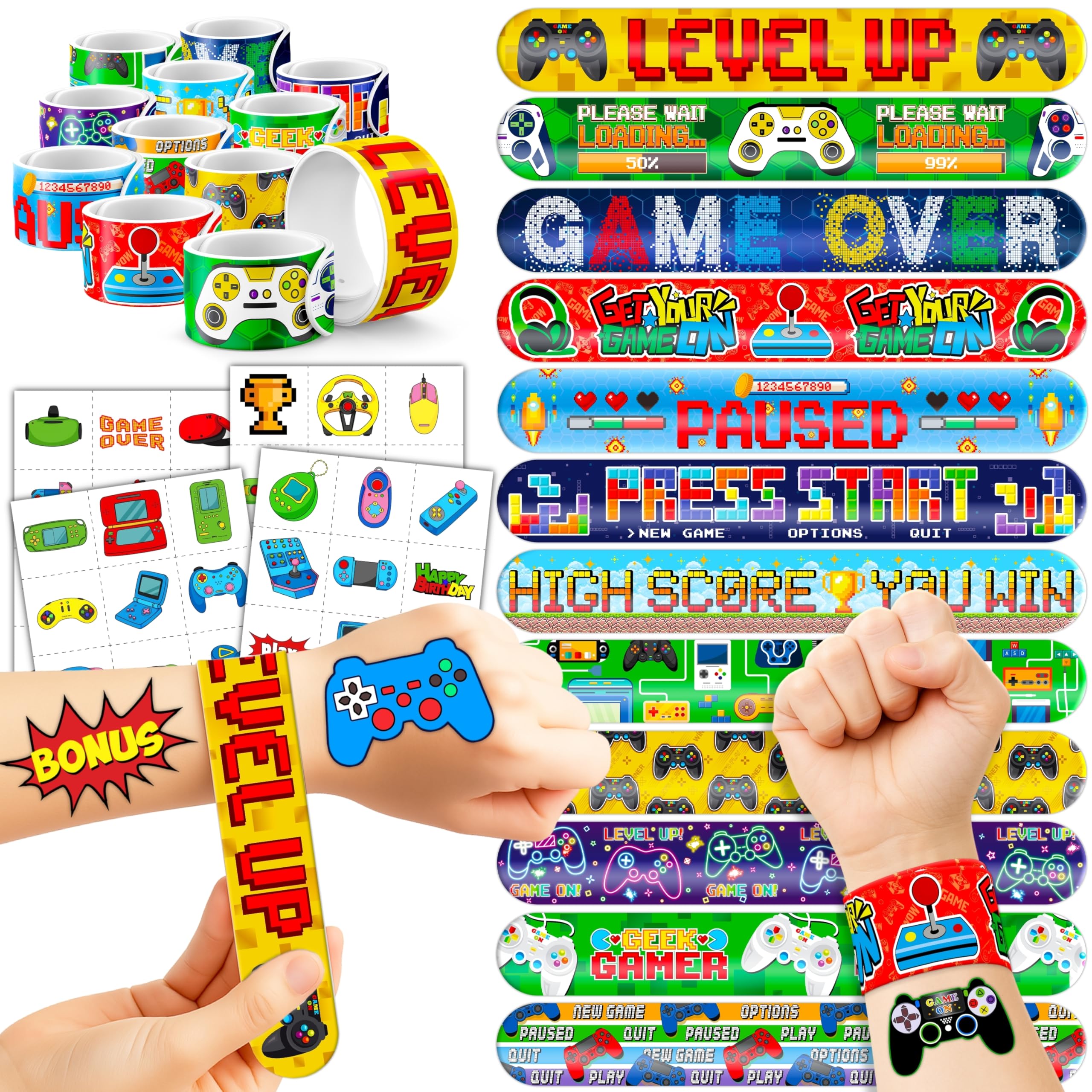 Cherisnowy 72PCS Video Game Party Set | 48PCS Temporary Tattoos & 24PCS Slap Bracelets - Gamer-Themed Birthday Supplies, Baby Shower Gifts, Classroom