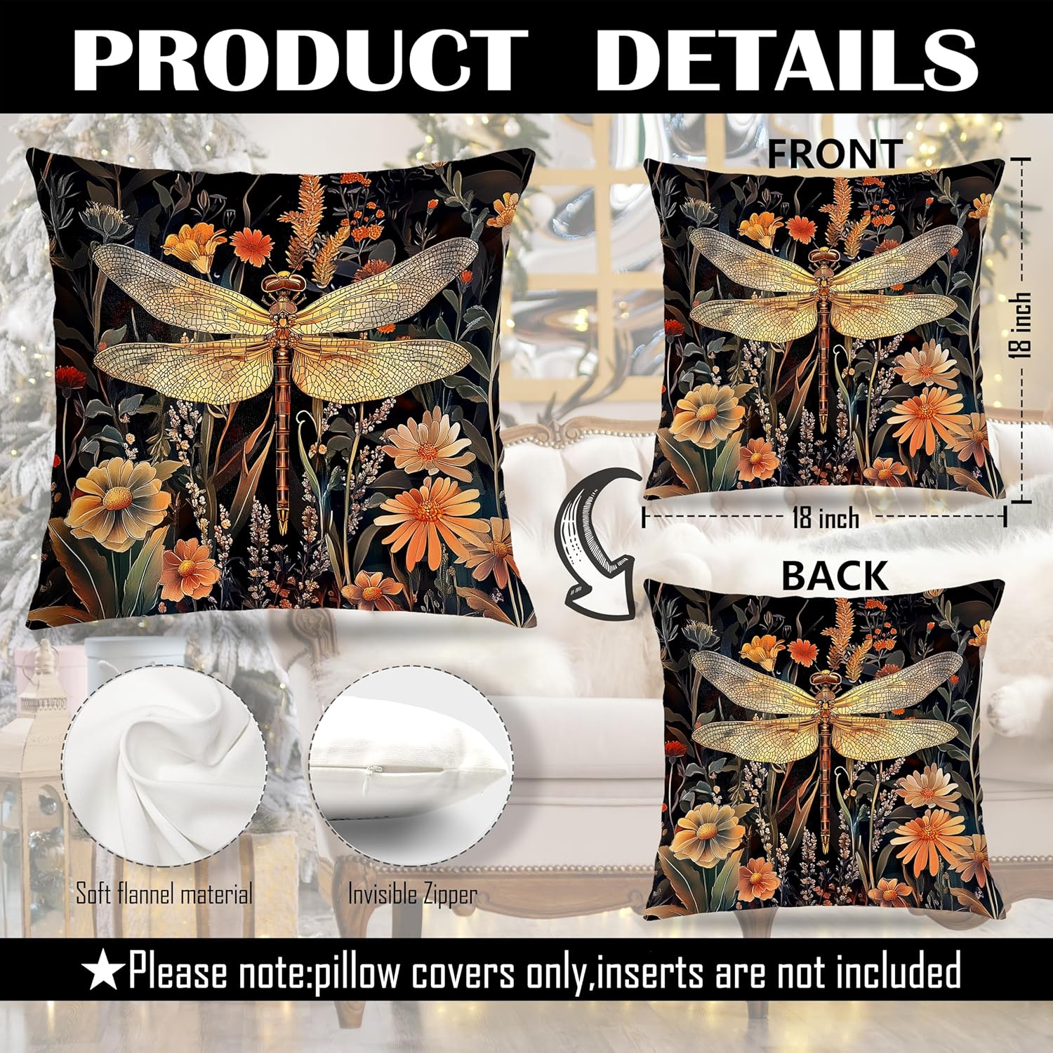 Vintage Dark Dragonfly Bee Pillow Covers 18x18 Double-Sided Set of 4,Moody Dark Cottagecore Wildflowers Floral Throw Pillow Covers for Couch Bed,Dragonfly Bee Gifts for Women,Cottagecore Decor