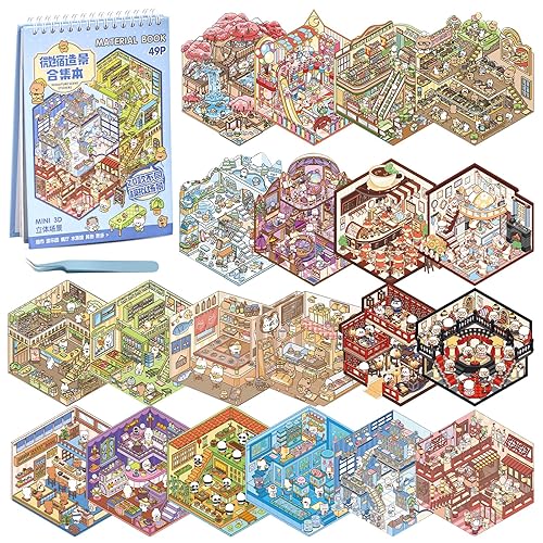 20 Sets DIY 3D Sticker Scene Book,Cute Cartoon Animal Isometric Scene,DIY 3D House Stickers Set,Sticker Therapy for Adults Kids,Conduce to Relief Stress Pass The Time,Christmas Gifts for Kids - Multiple-color