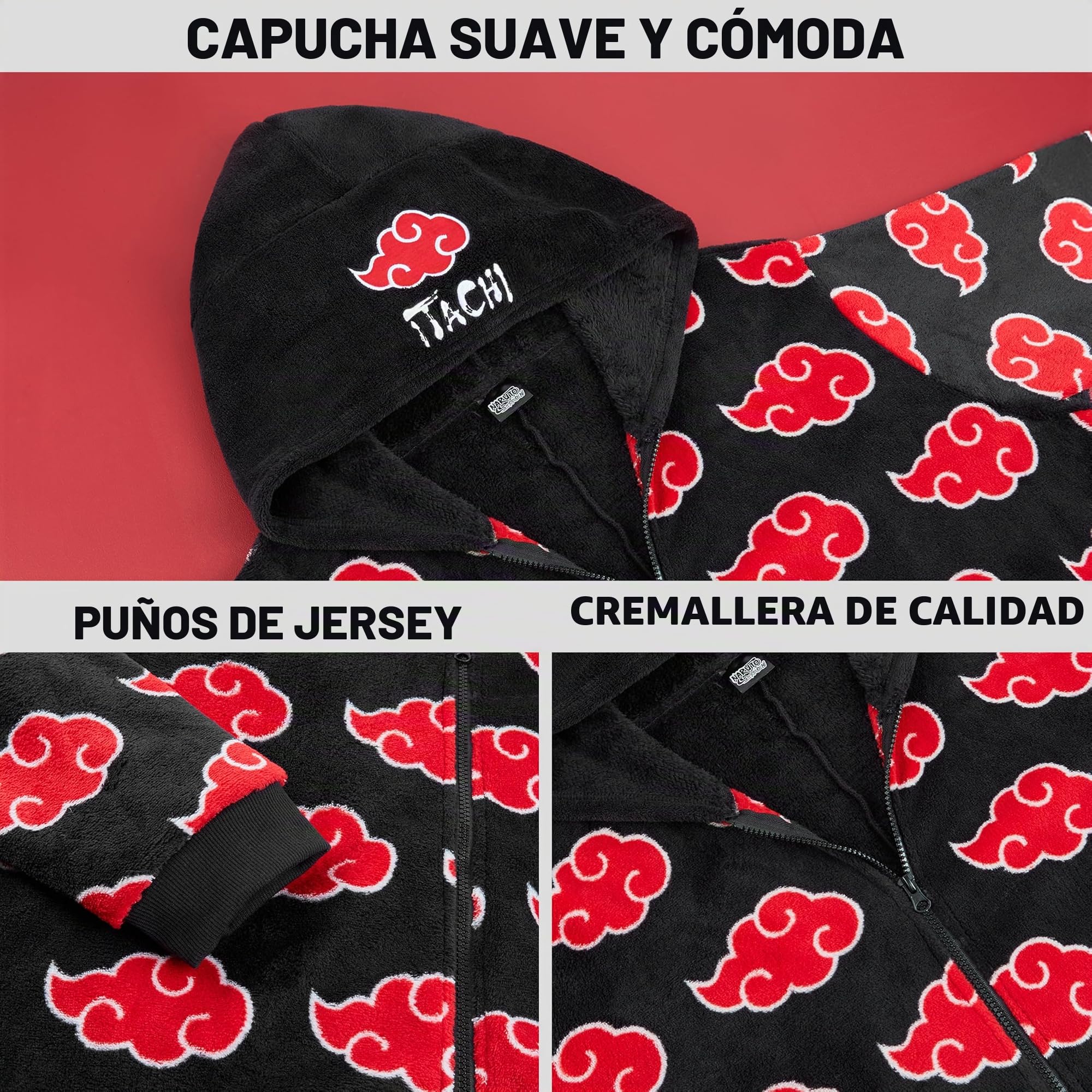 NARUTO Pijama Entero Hombre Invierno, M-3XL, Mono Polar Anime con Capucha y Cremallera, Regalos Anime Hombres y Adolescentes