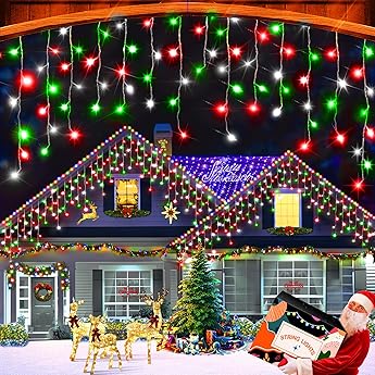 Christmas Lights Outdoor Decorations, 520LED 50FT 8 Modes Curtain Fairy String Lights Decor with 120 Drops, Plug in Waterproof Timer Memory Function for Christmas Holiday Wedding Party (Multicolor)