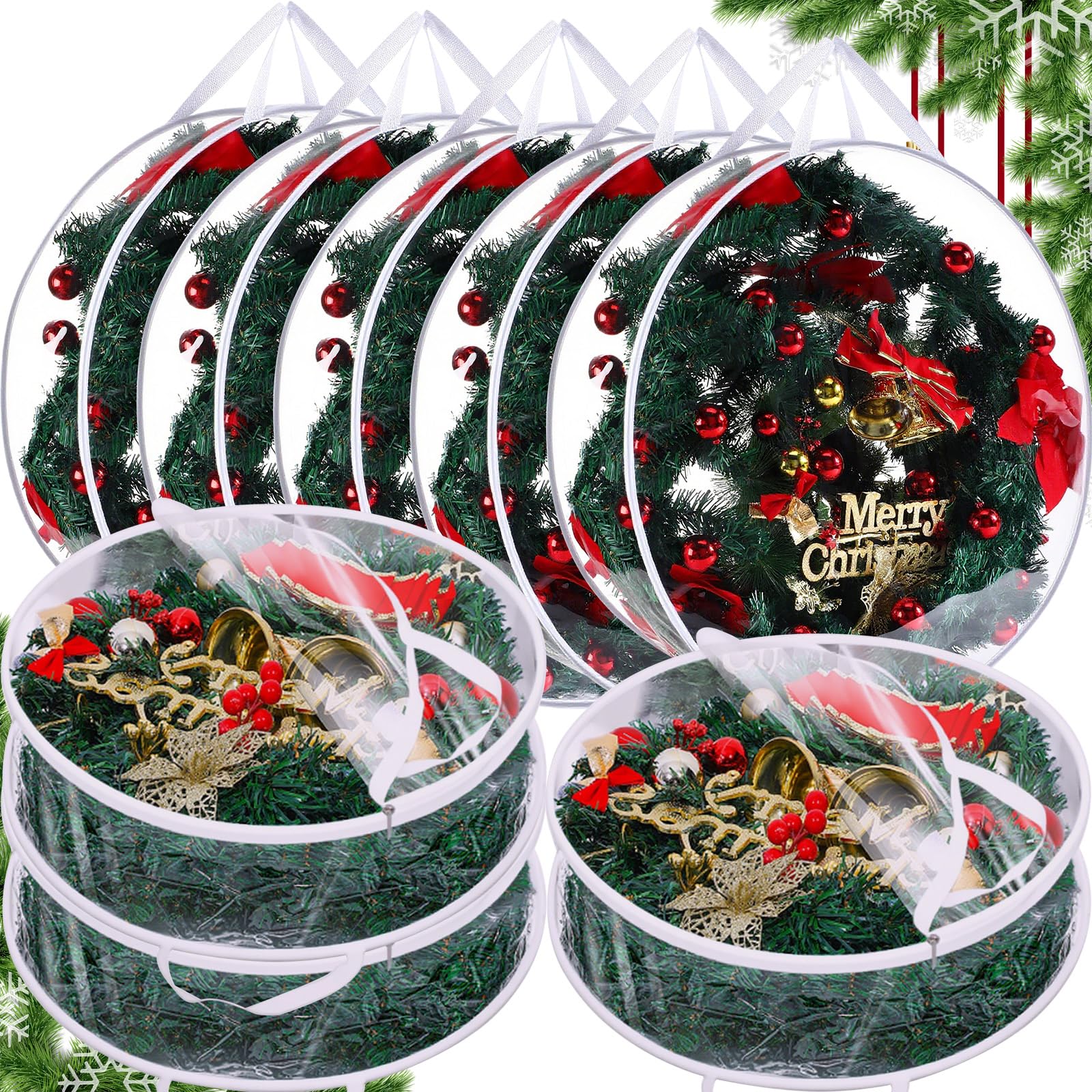 Shappy 8 Piece Clear Christmas Wreath Storage Container 24 Inches Xmas Wreath Storage Bag Plastic Christmas Garland Container with Dual Zippers and Reinforced Handles for Xmas Seasonal (Clear)