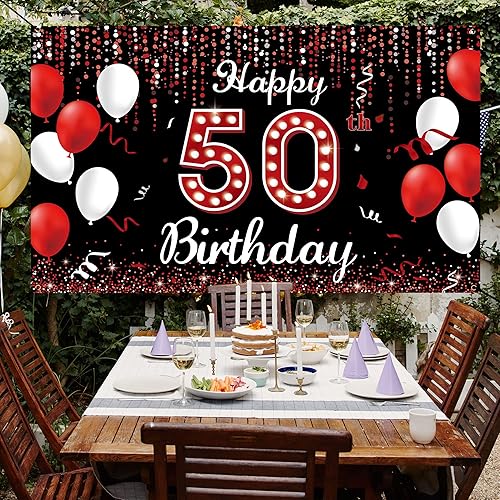 Miniatura 4 de Cartel de fondo de decoración de cumpleaños número 50, decoraciones de feliz cumpleaños 50 para mujeres, rojo, negro y blanco, fiesta de cumpleaños