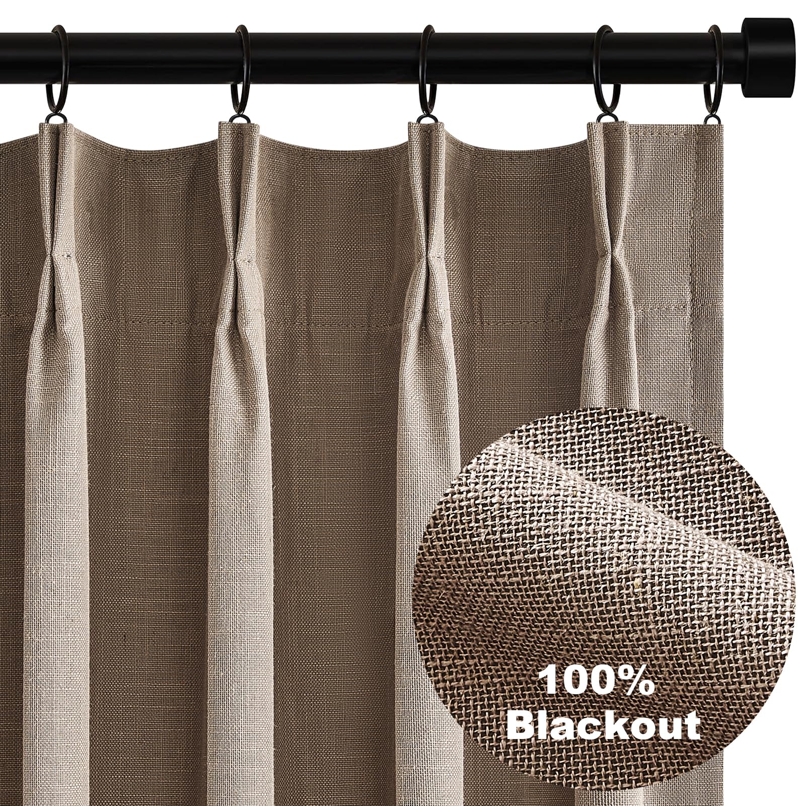 Topfinel Extra Long Total Blackout Linen Curtains 120 Inches Long for Living Room Large Window with Hooks Rings, Pinch Pleated Cold Blocking Acoustic Heavy Taupe Track Curtains 2 Panels 10 FT